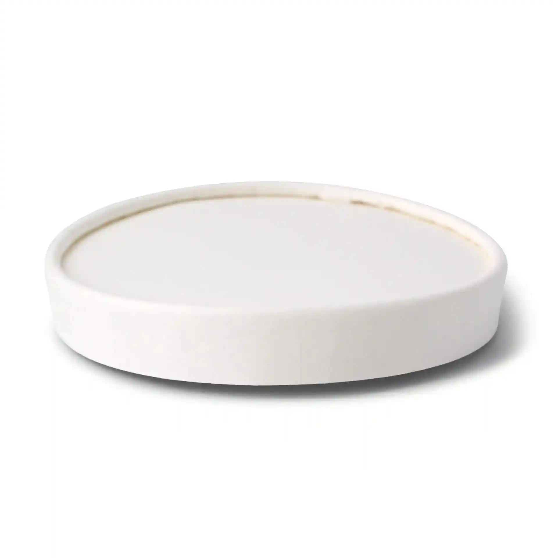 Couvercle rond en carton blanc pour pots de glace, mesurant 93 mm de diamètre et 14 mm de hauteur.