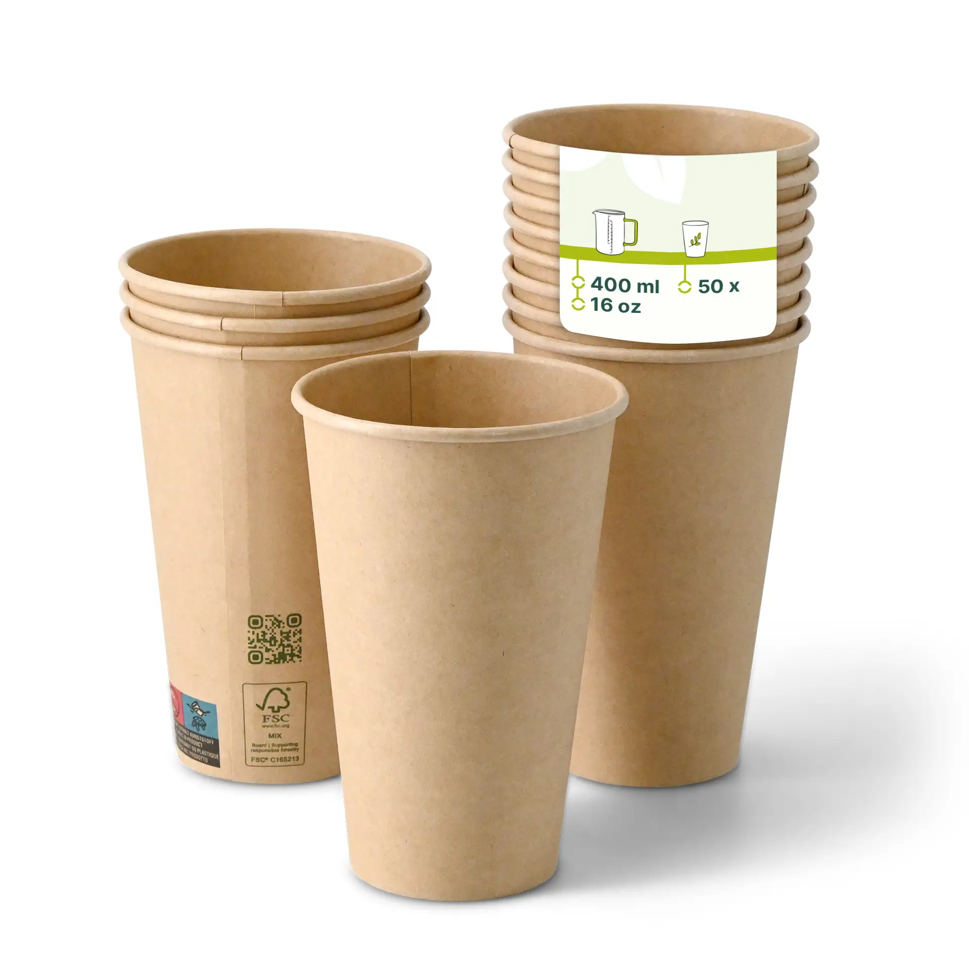Gobelet en papier brun à paroi simple, 400 ml (16 oz), revêtu de PLA pour boissons chaudes et froides ; empilé avec une étiquette affichant les détails.
