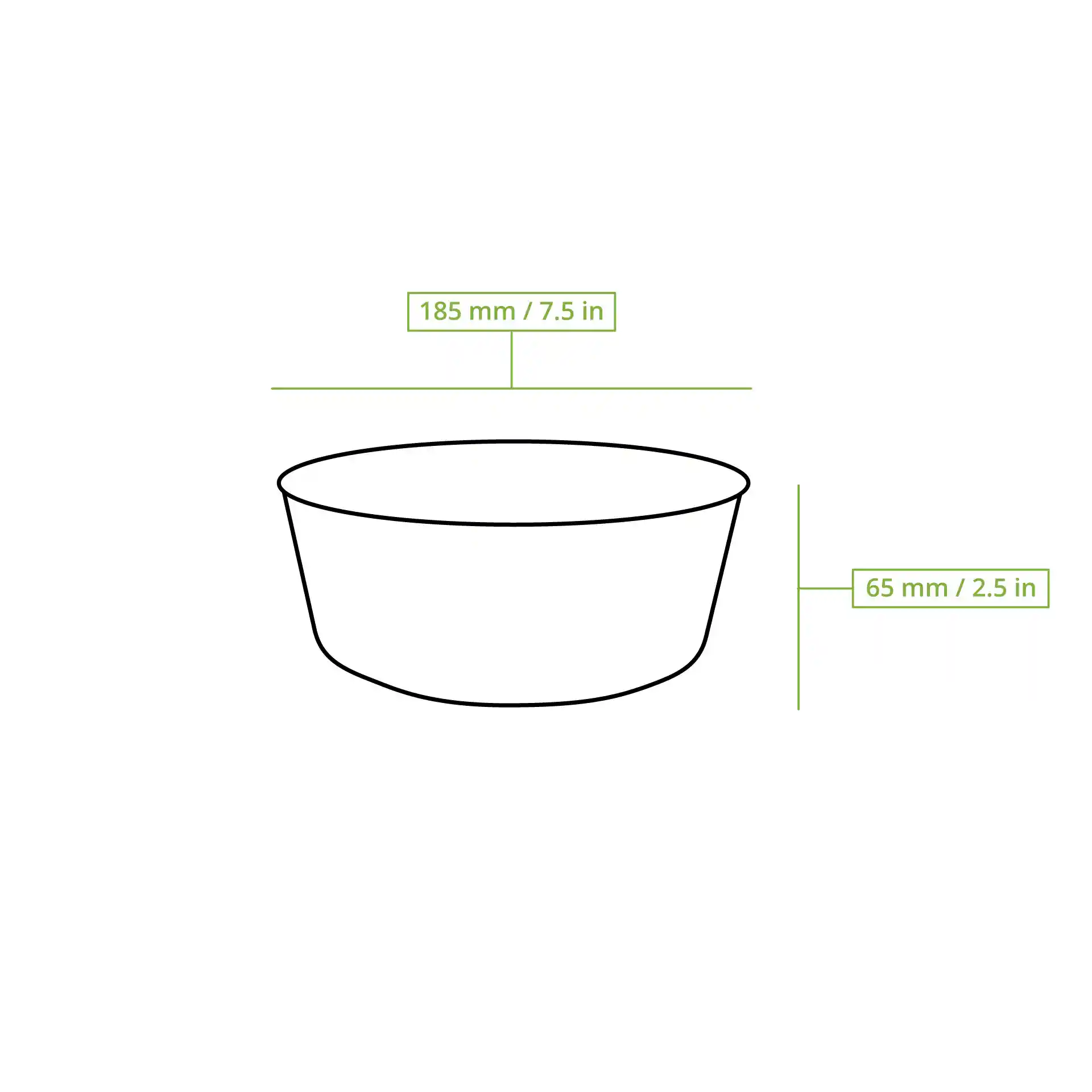 Dessin schématique d'un bol en carton rond avec un diamètre de 185 mm et une hauteur de 65 mm.