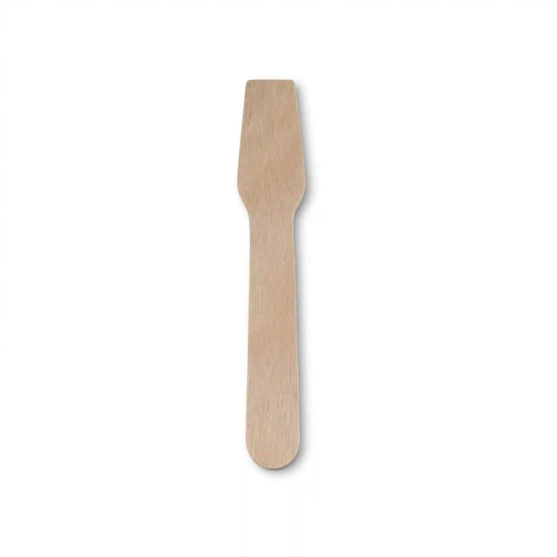 Cuillère en bois pour glace, 9,6 cm de long, marron, en bois, avec une extrémité plate et un manche arrondi.