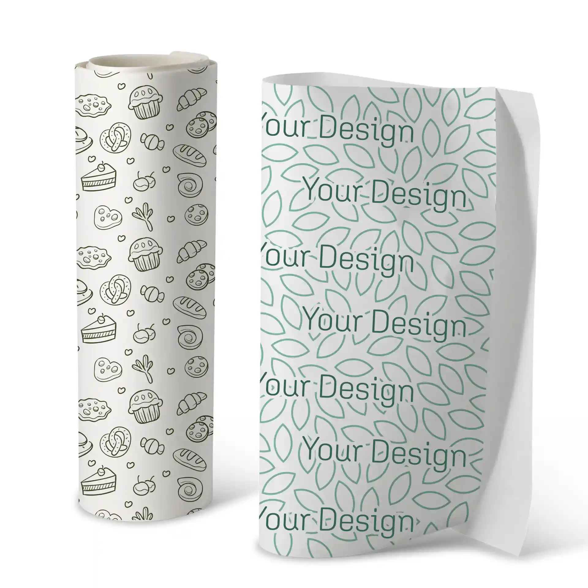 Rouleau de papier cadeau avec un fond blanc présentant divers produits de boulangerie et un second design avec des motifs de feuilles et du texte.