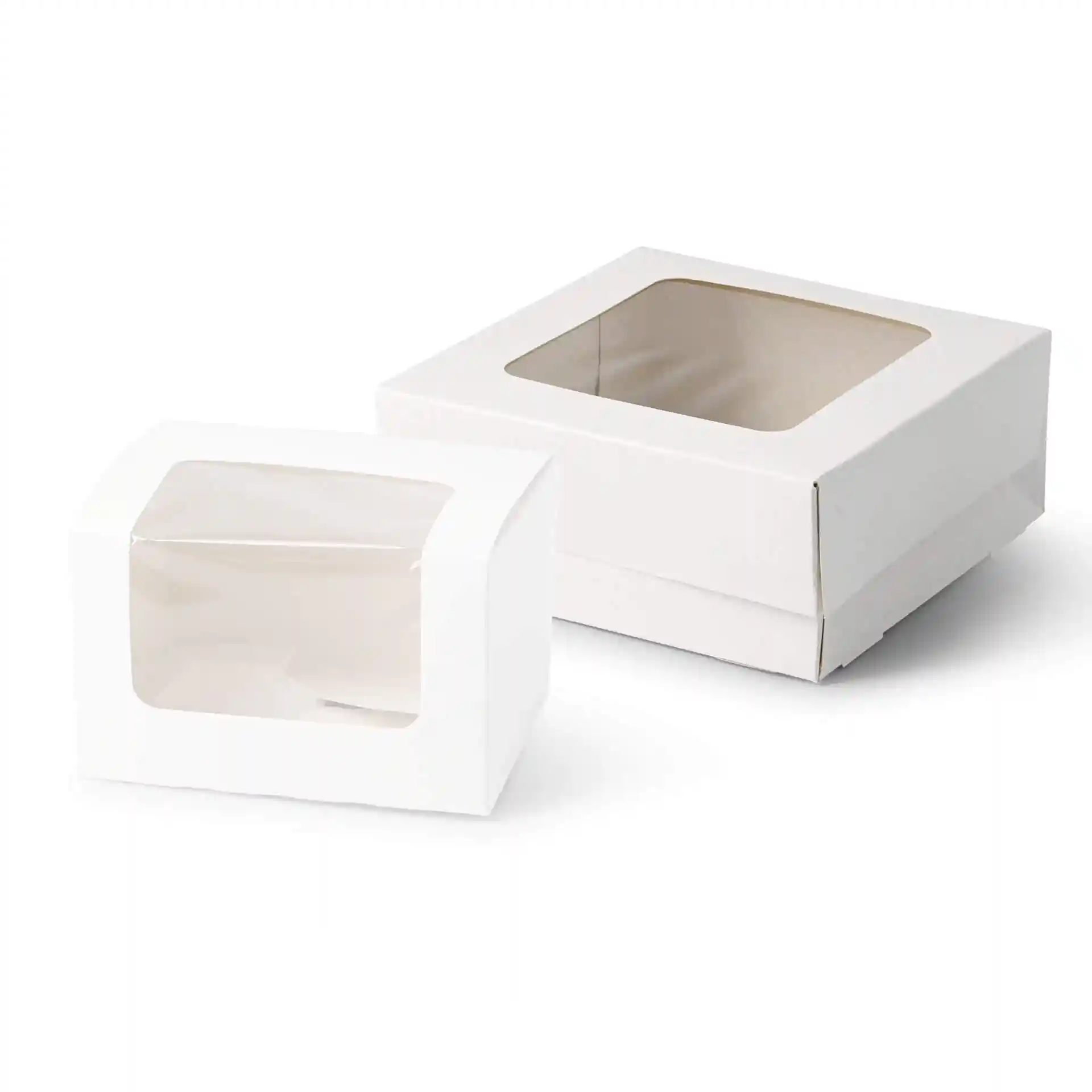 Boîtes à pâtisserie en carton blanc avec une fenêtre en cellulose, une boîte carrée et une plus petite boîte rectangulaire.