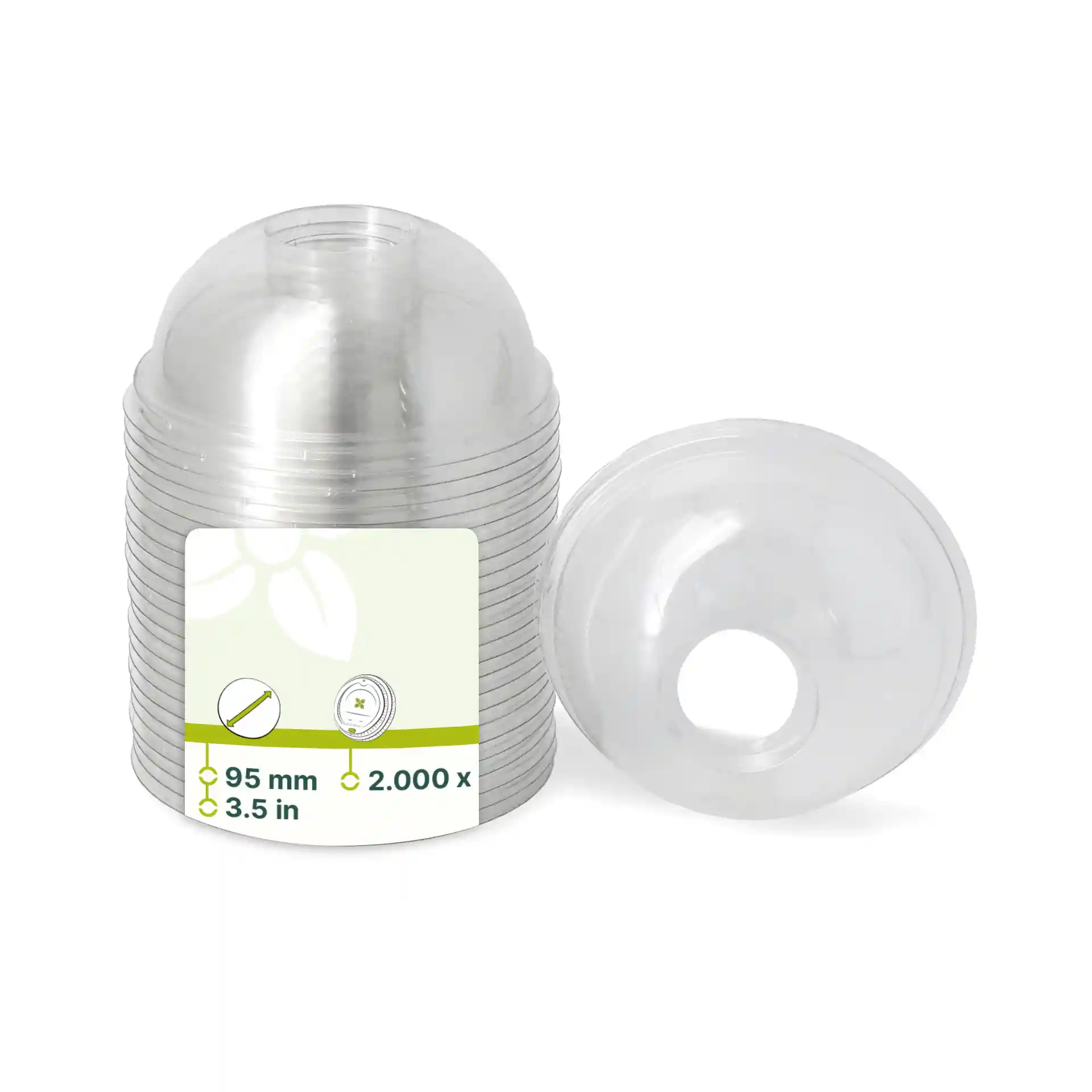 Couvercles dome en rPET transparent avec trou pour paille, diamètre 95 mm, empilés avec un couvercle à côté de la pile.