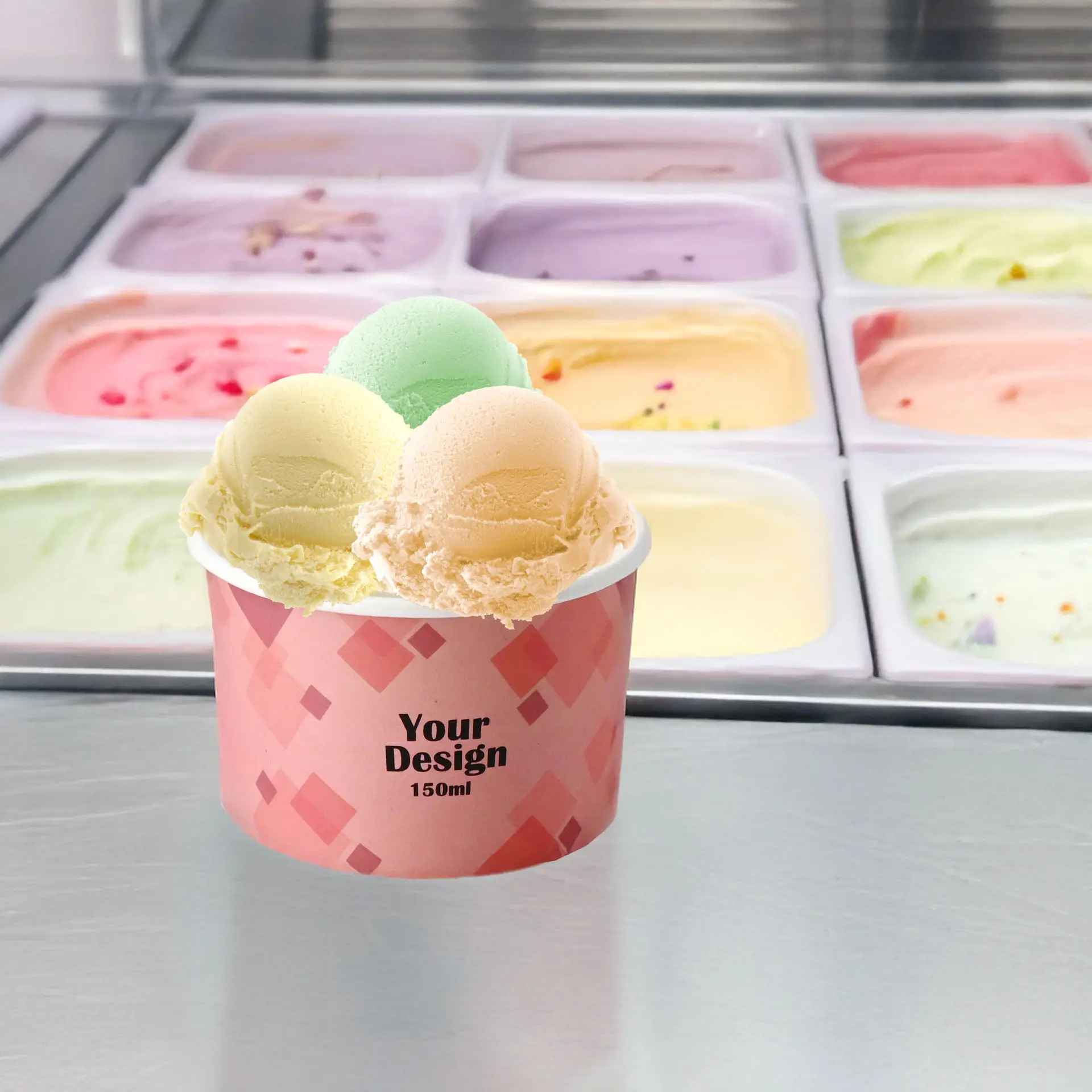 Pots à glace personnalisés 150 ml / 6 oz, blanc, revêtement à base d'eau Pots à glace personnalisés 150 ml / 6 oz, blanc, revêtement à base d'eau