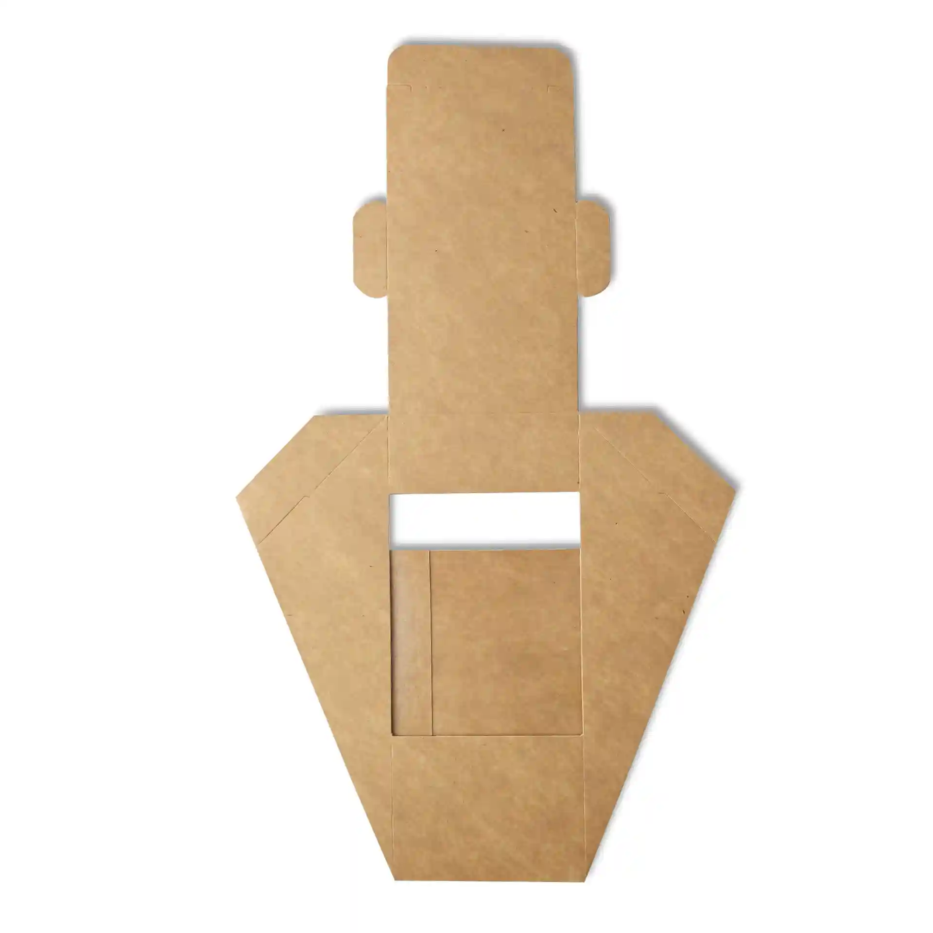 Dessin schématique d'un coin sandwich en carton triangulaire avec une fenêtre en PLA, présenté en couleur marron.