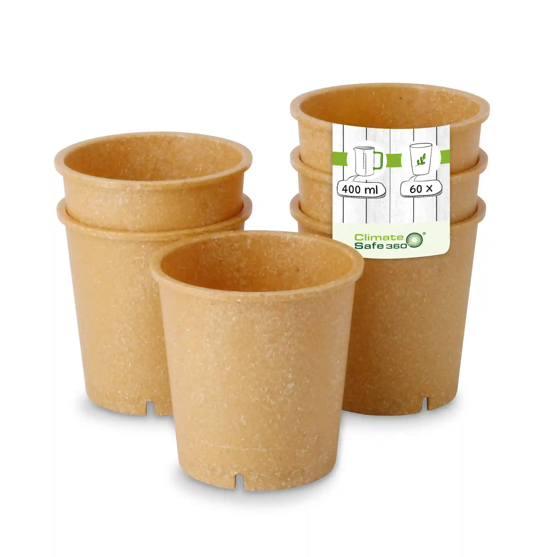 Ensemble de quatre gobelets réutilisables marron caramel, capacité de 400 ml, avec une étiquette indiquant les dimensions et la quantité.