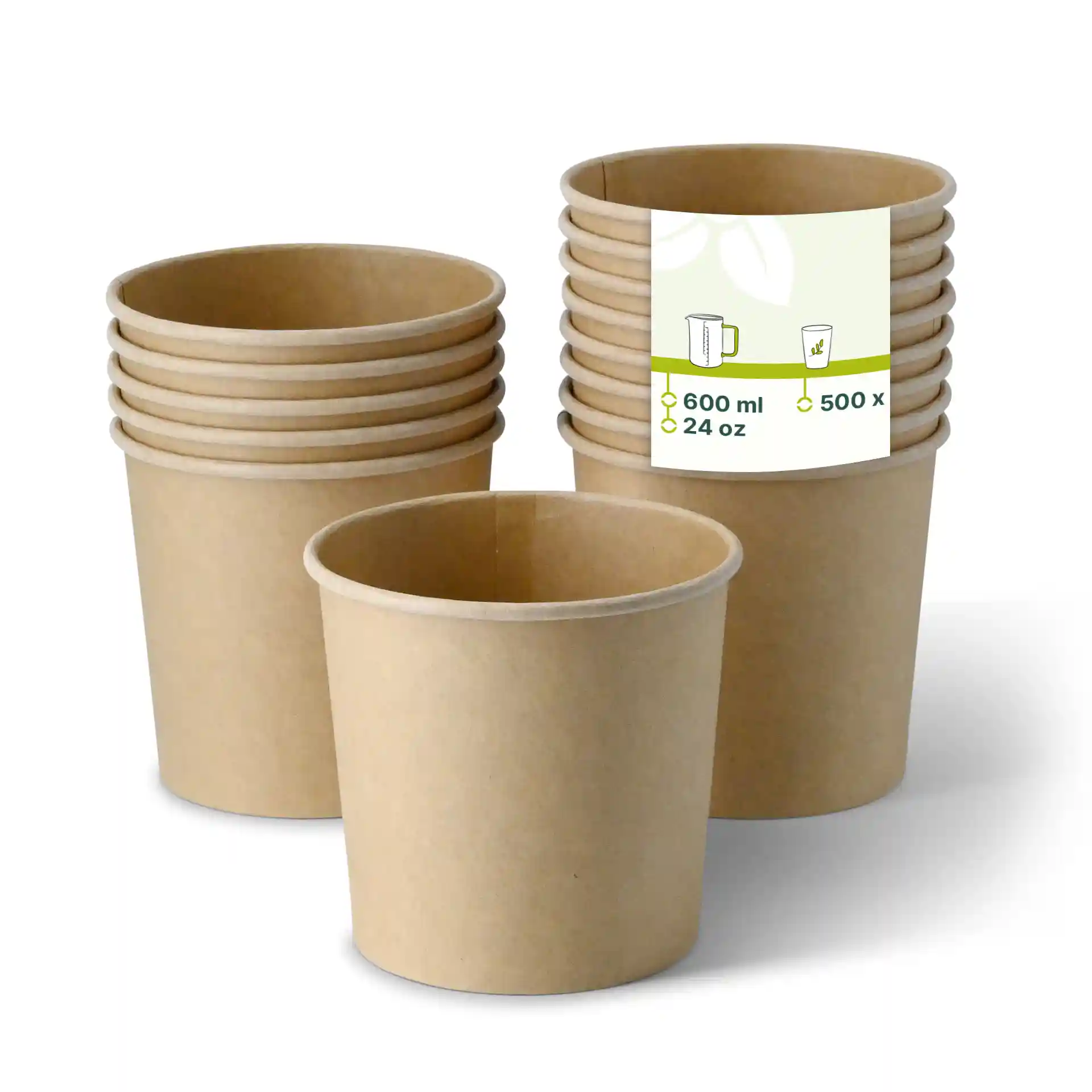 Tasses en carton marron empilées, avec une tasse devant affichant une étiquette avec le volume et les dimensions.