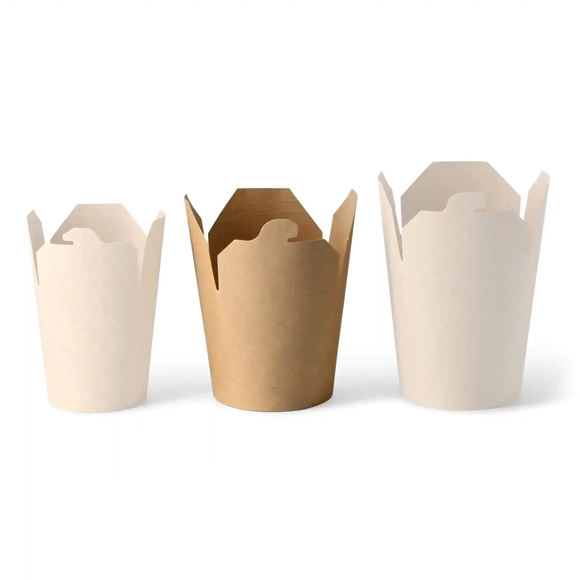 Trois boîtes à nouilles en carton brun et blanc, avec un couvercle évasé et sans fenêtre de visualisation.