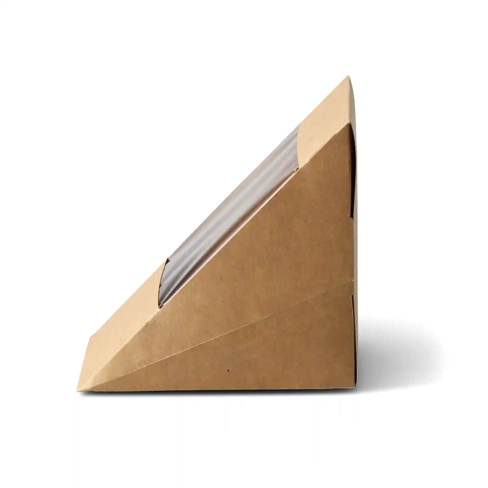 Wedge de sandwich triangulaire en carton brun avec fenêtre en PLA, montré de côté.