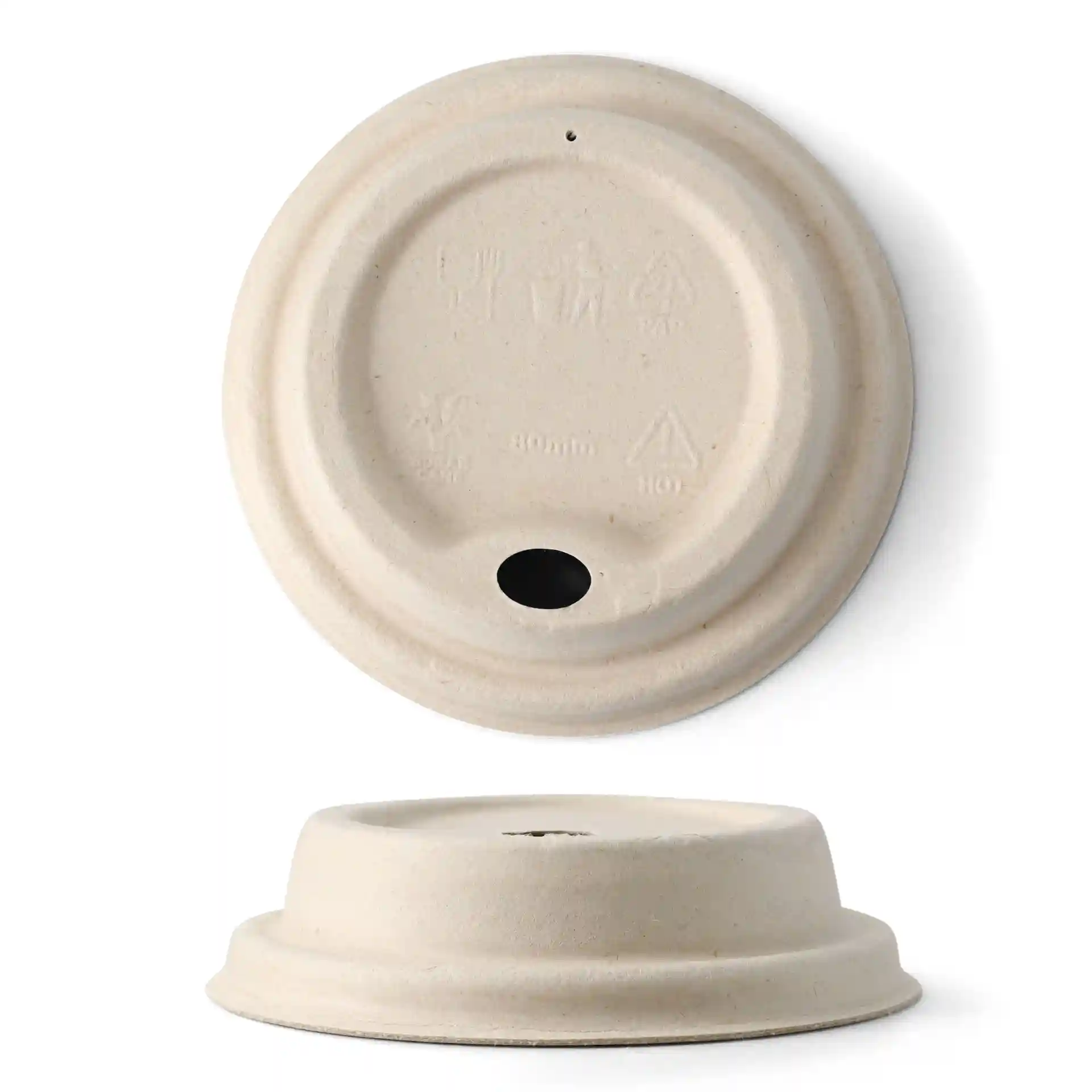 Couvercle en canne à sucre brun pour gobelets en papier, diamètre de 80 mm, avec un trou et une hauteur de 22 mm.