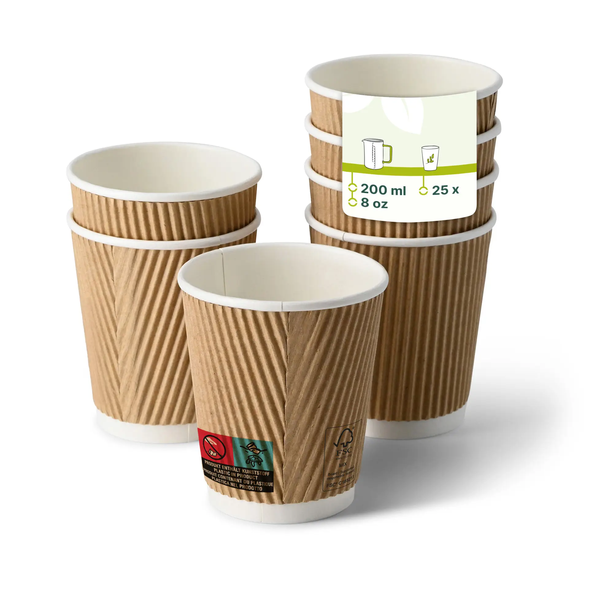 Une tasse à café en brown ondulé au premier plan, montrant un intérieur blanc; plusieurs tasses similaires derrière avec opacité réduite.