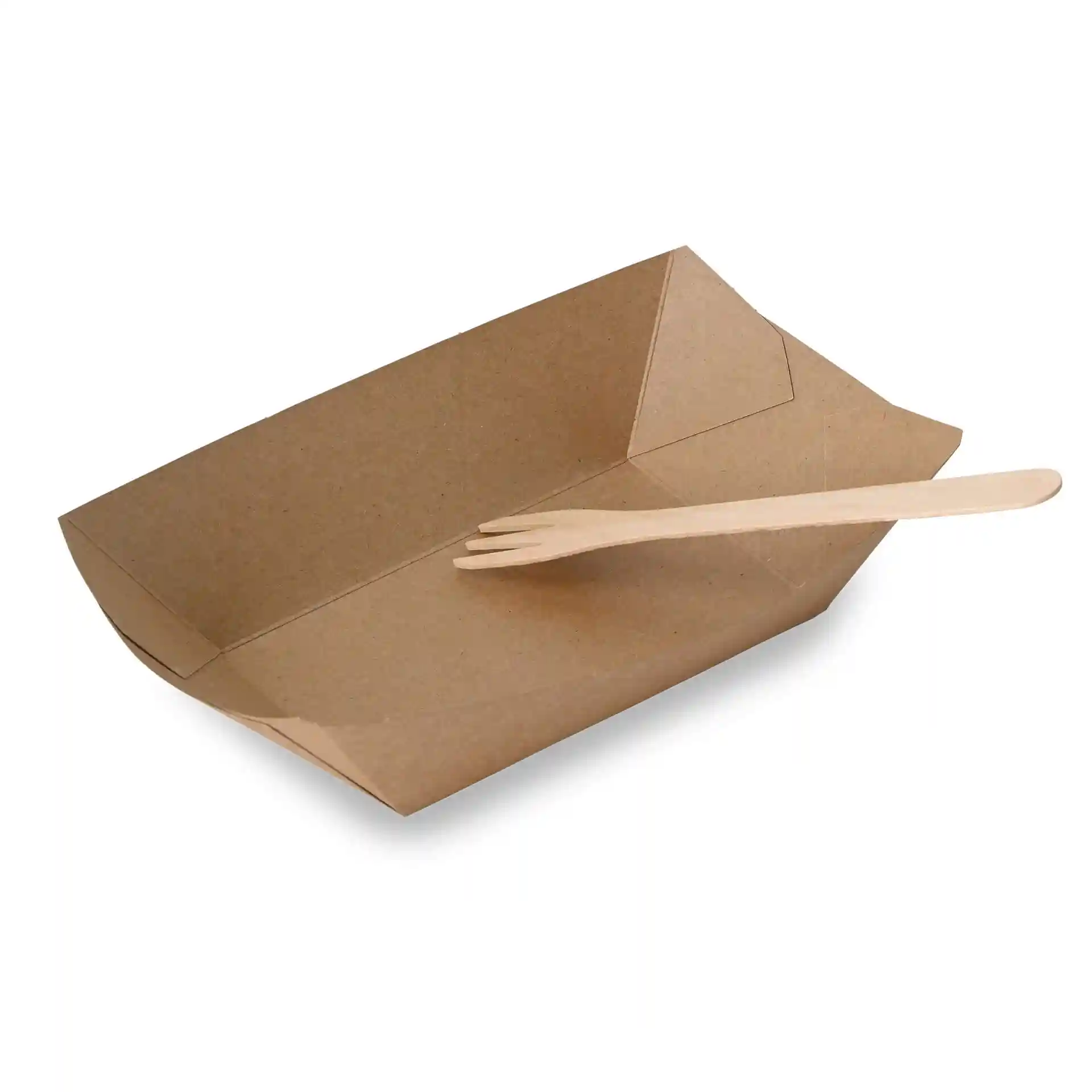 Plateau alimentaire en carton rectangulaire brun avec une fourchette en bois à l'intérieur.