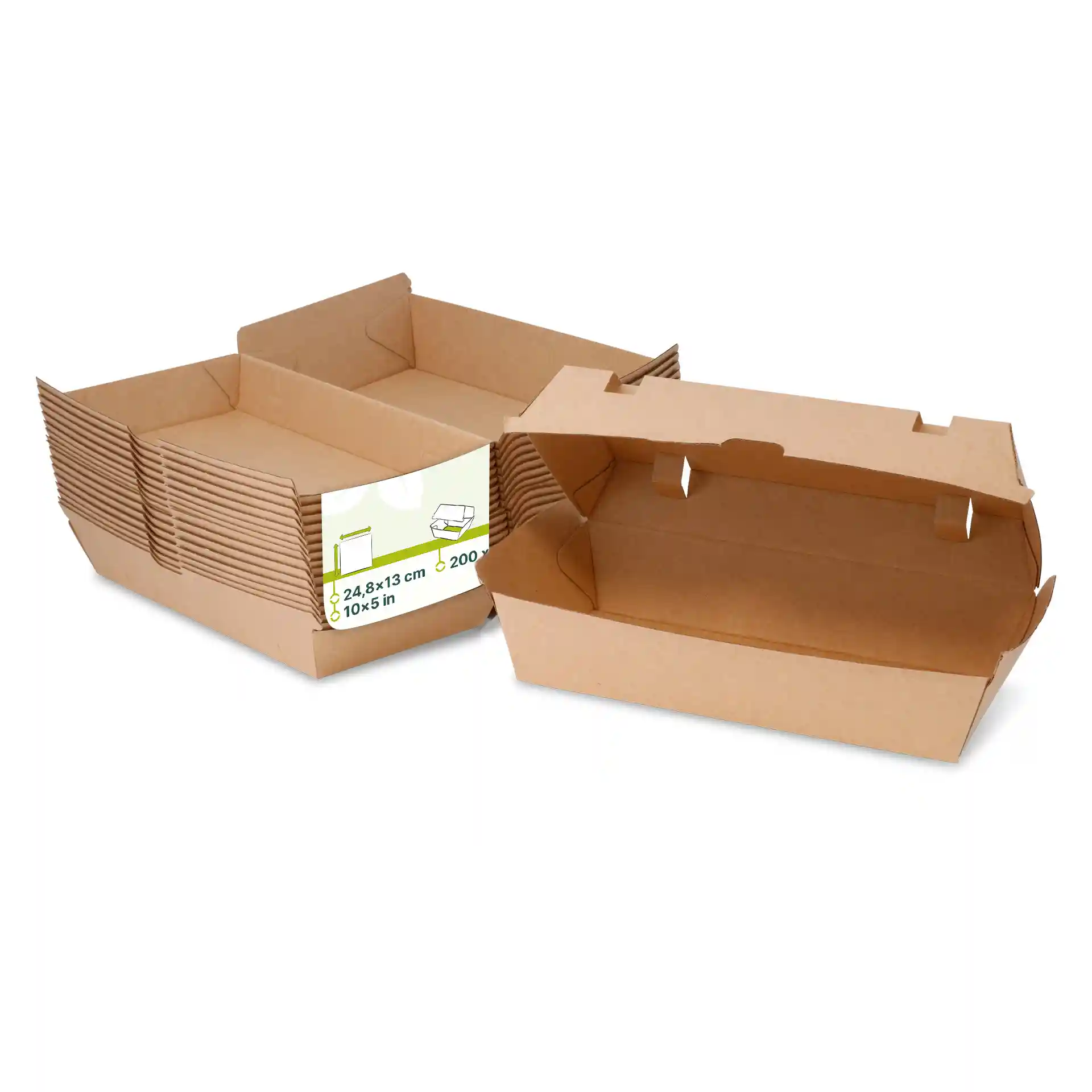 Boîtes alimentaires en carton brun avec couvercles articulés, une ouverte et plusieurs empilées derrière.