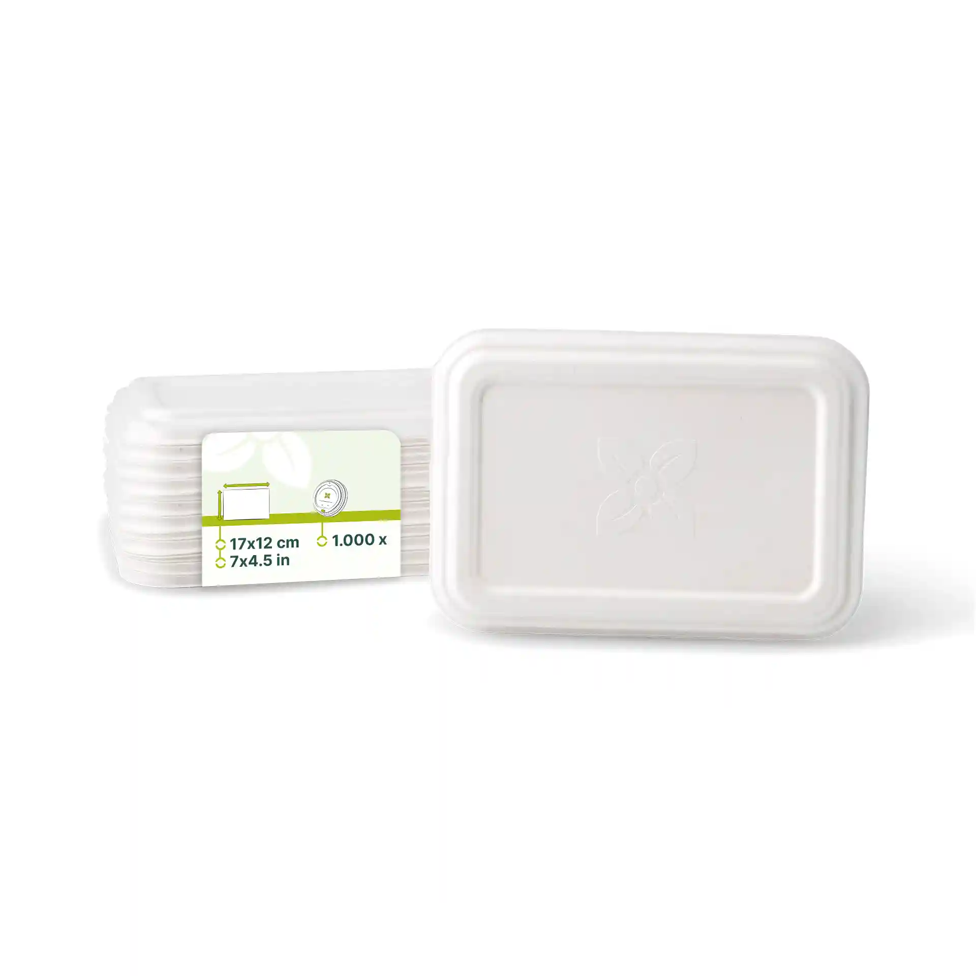 Couvercle rectangulaire en canne à sucre blanc mesurant 17 x 12 cm, présenté avec plusieurs articles similaires derrière.