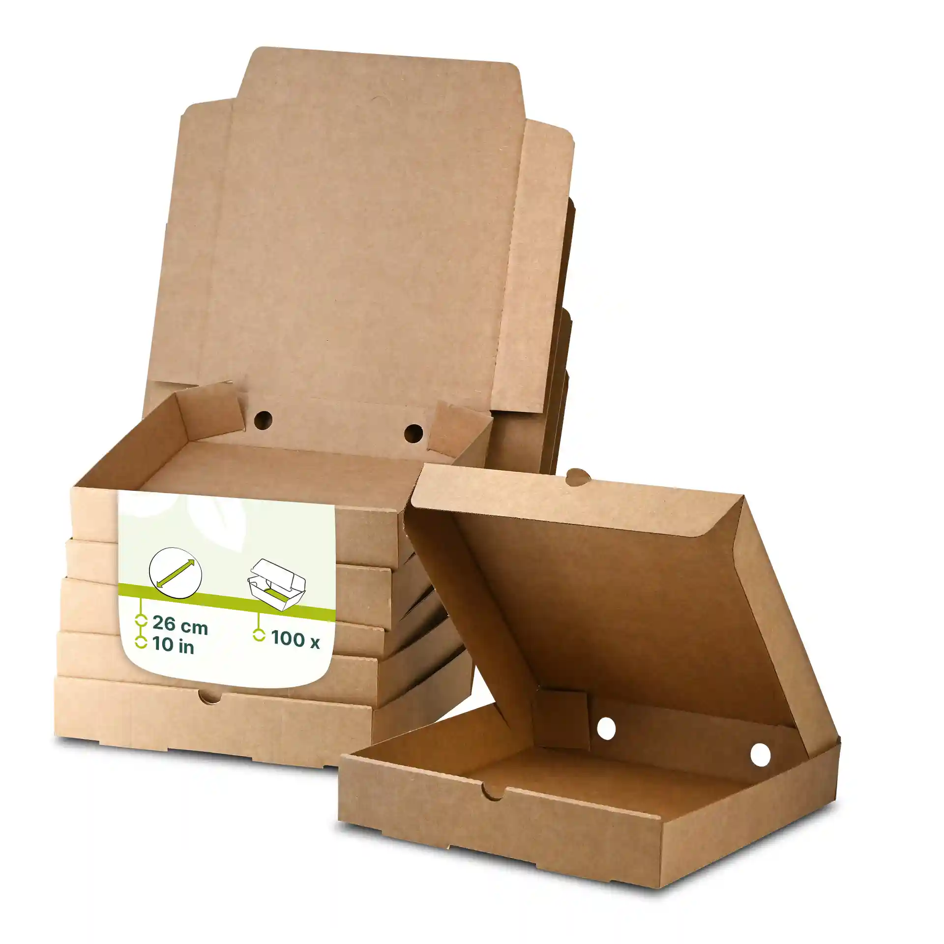 Boîtes à pizza en carton brun empilées, une boîte ouverte montrant l'intérieur ; dimensions de 26 cm sur 26 cm.
