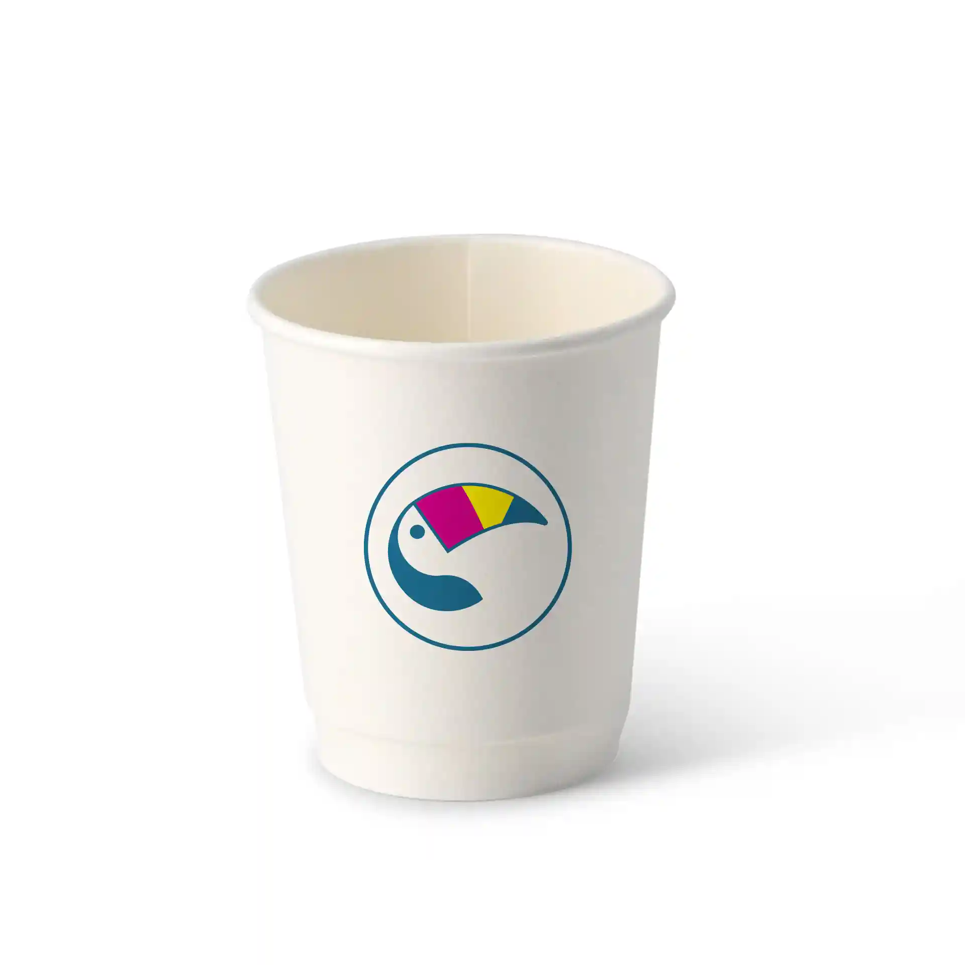 Gobelet en papier blanc à double paroi avec un logo de toucan coloré, capacité de 200 ml, forme ronde et revêtement en PE.
