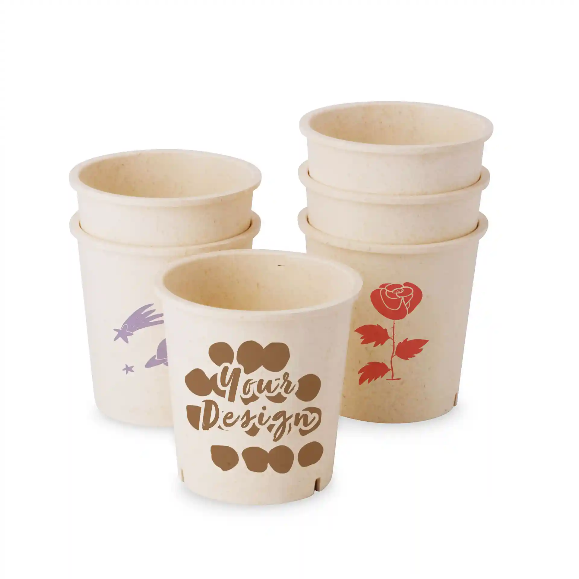 Tasses à soupe rondes réutilisables crème blanches avec divers designs imprimés, y compris une rose et un texte personnalisable.