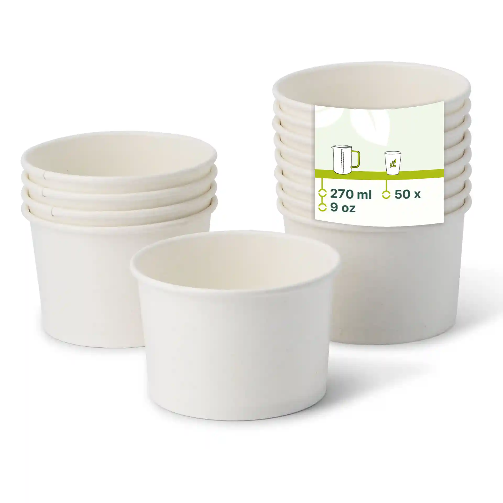 Ensemble de gobelets en papier blancs pour glace, diamètre de 92 mm et volume plein de 270 ml.