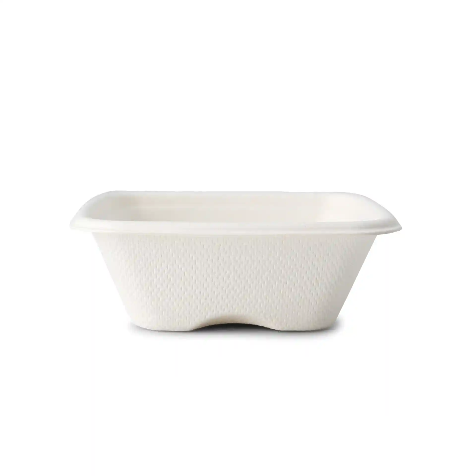 Gobelet portion carré en bagasse blanc, 70 ml, mesurant 81 x 81 x 27 mm, avec une surface texturée.
