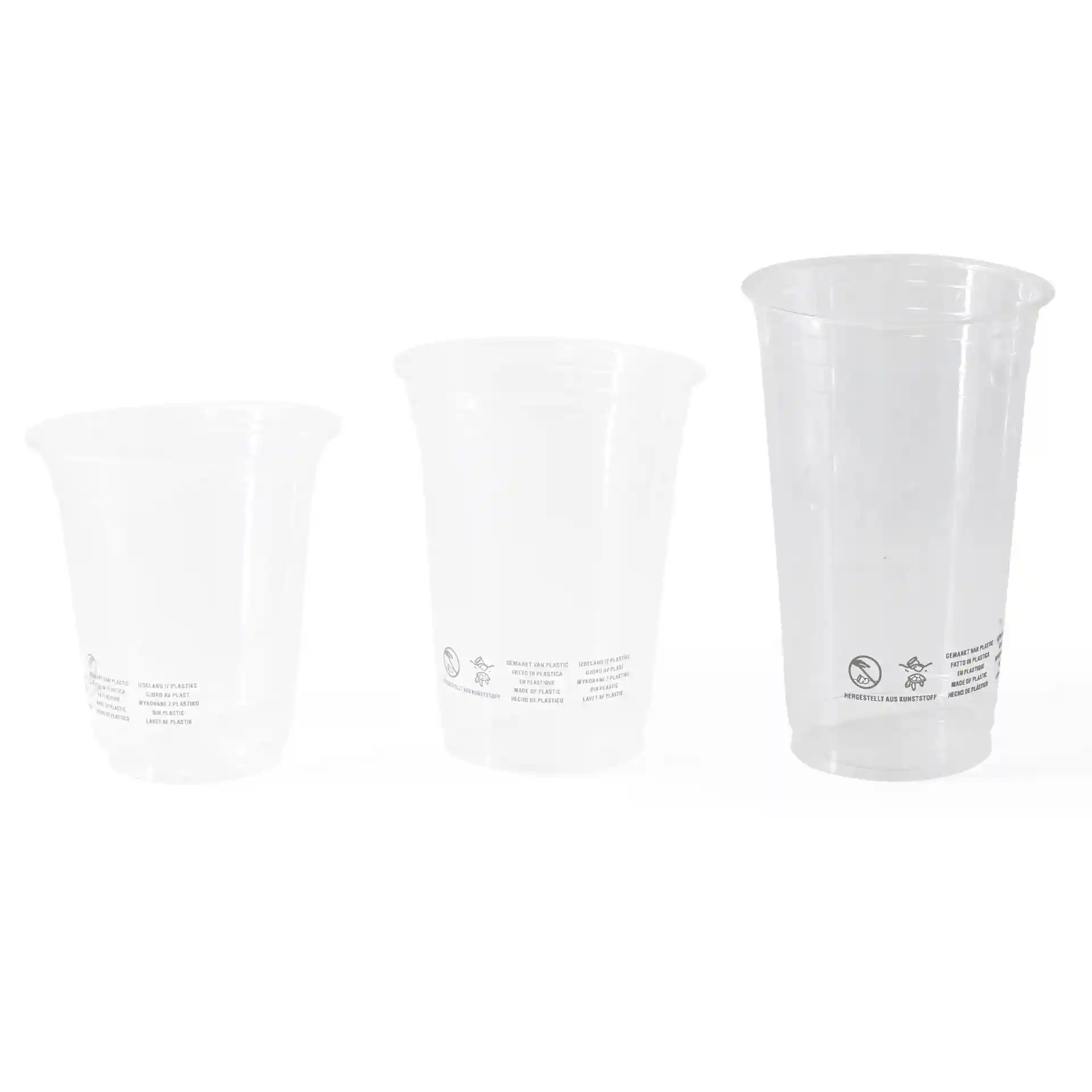 Trois gobelets en plastique PLA transparents de tailles variées, le plus grand mesure 500 ml et a un diamètre de 95 mm.