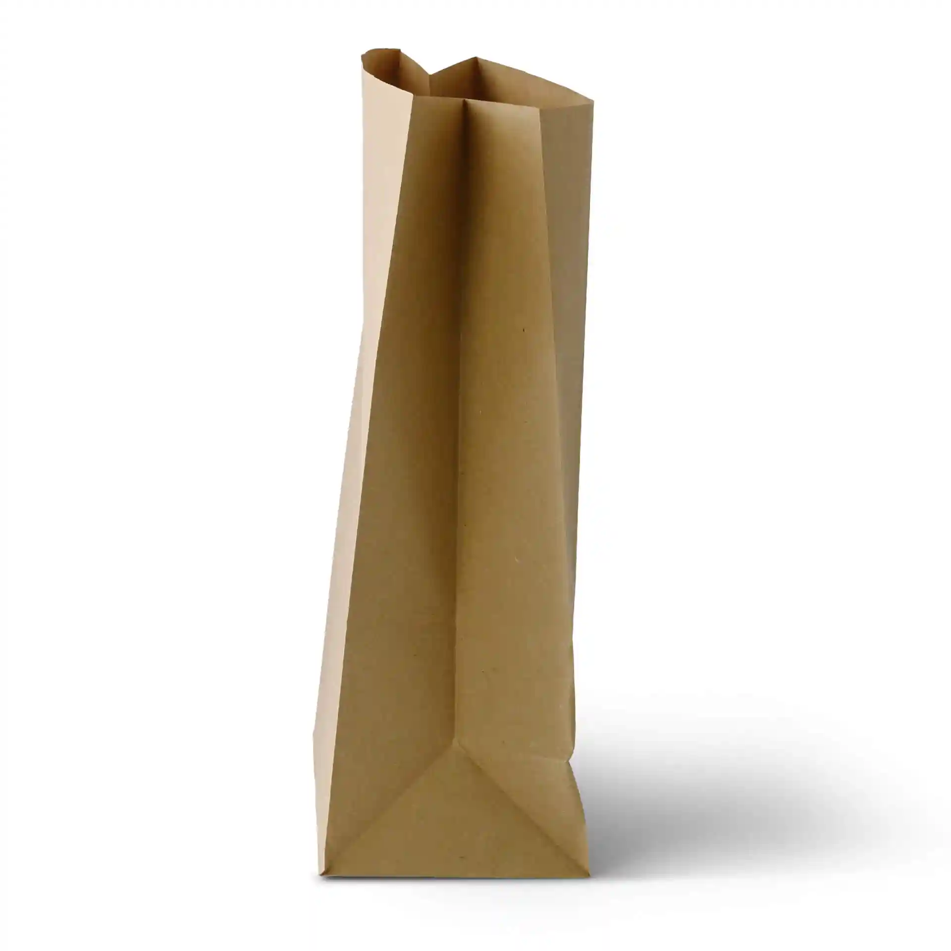 Sac de shopping en kraft rectangulaire marron de 400 mm de hauteur, 260 mm de longueur et 140 mm de largeur.