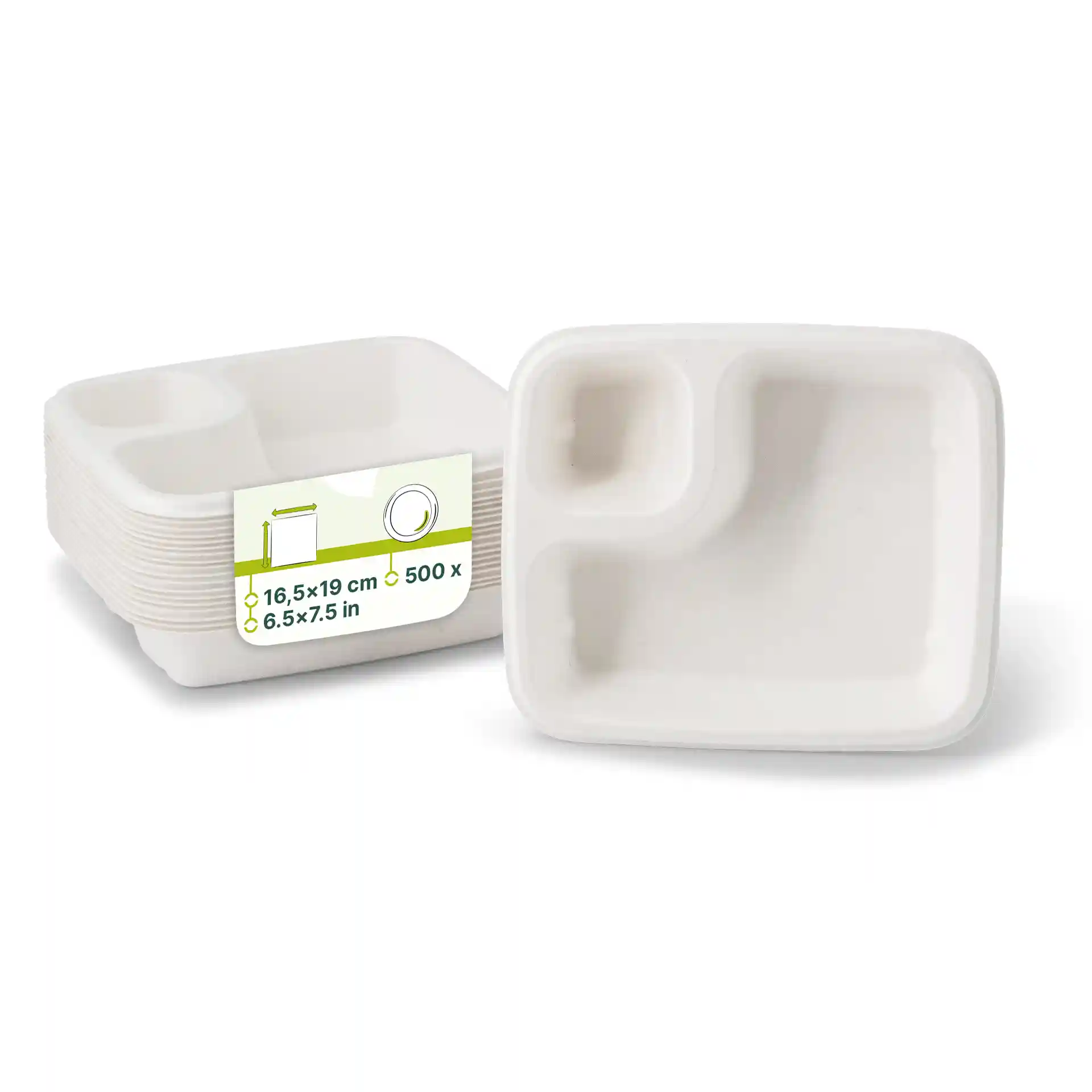 Assiettes rectangulaires blanches en canne à sucre avec deux compartiments, empilées avec une étiquette indiquant les dimensions et la quantité.