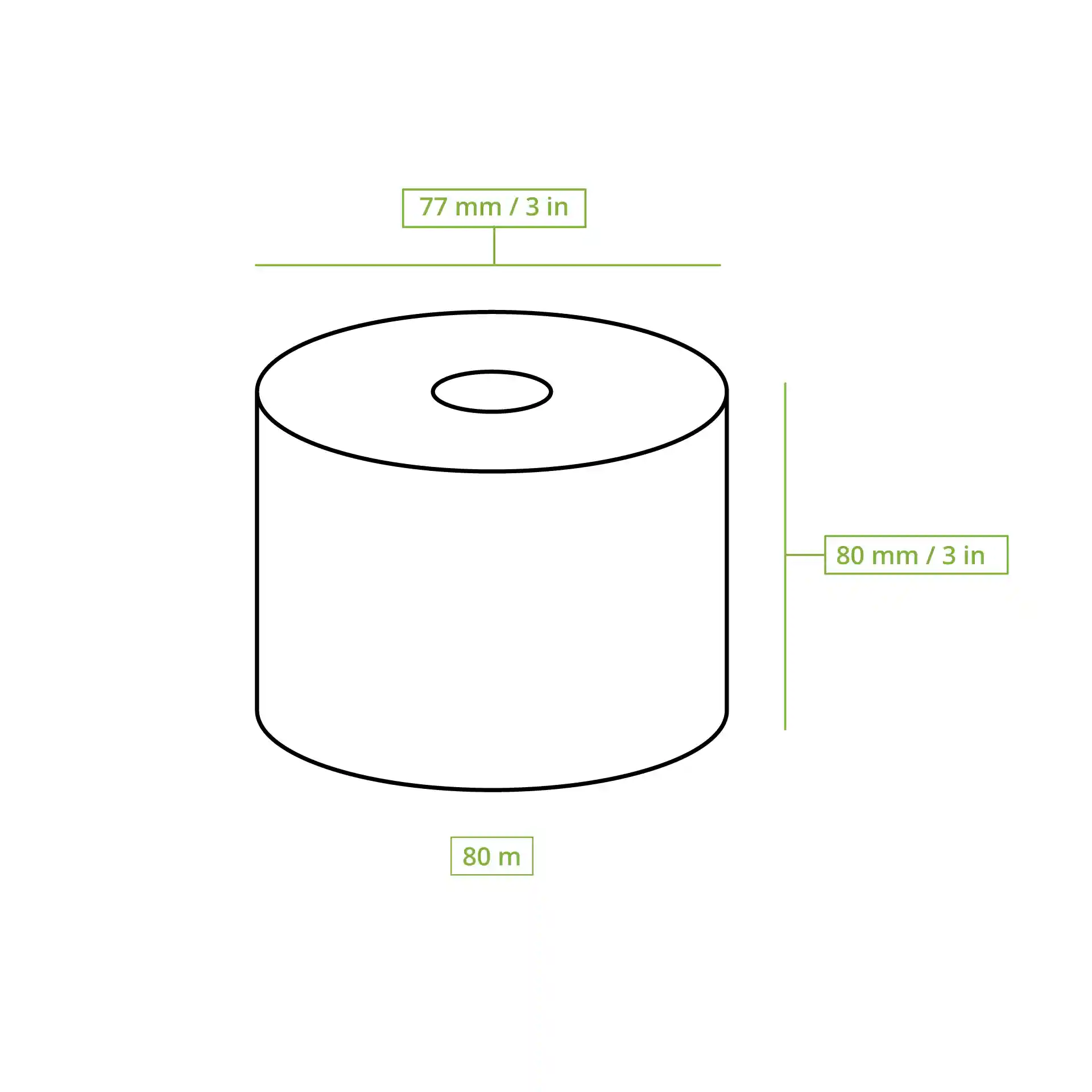 Dessin schématique d'un rouleau de papier thermique avec un diamètre de 77 mm, une hauteur de 80 mm et une longueur de 80 m.