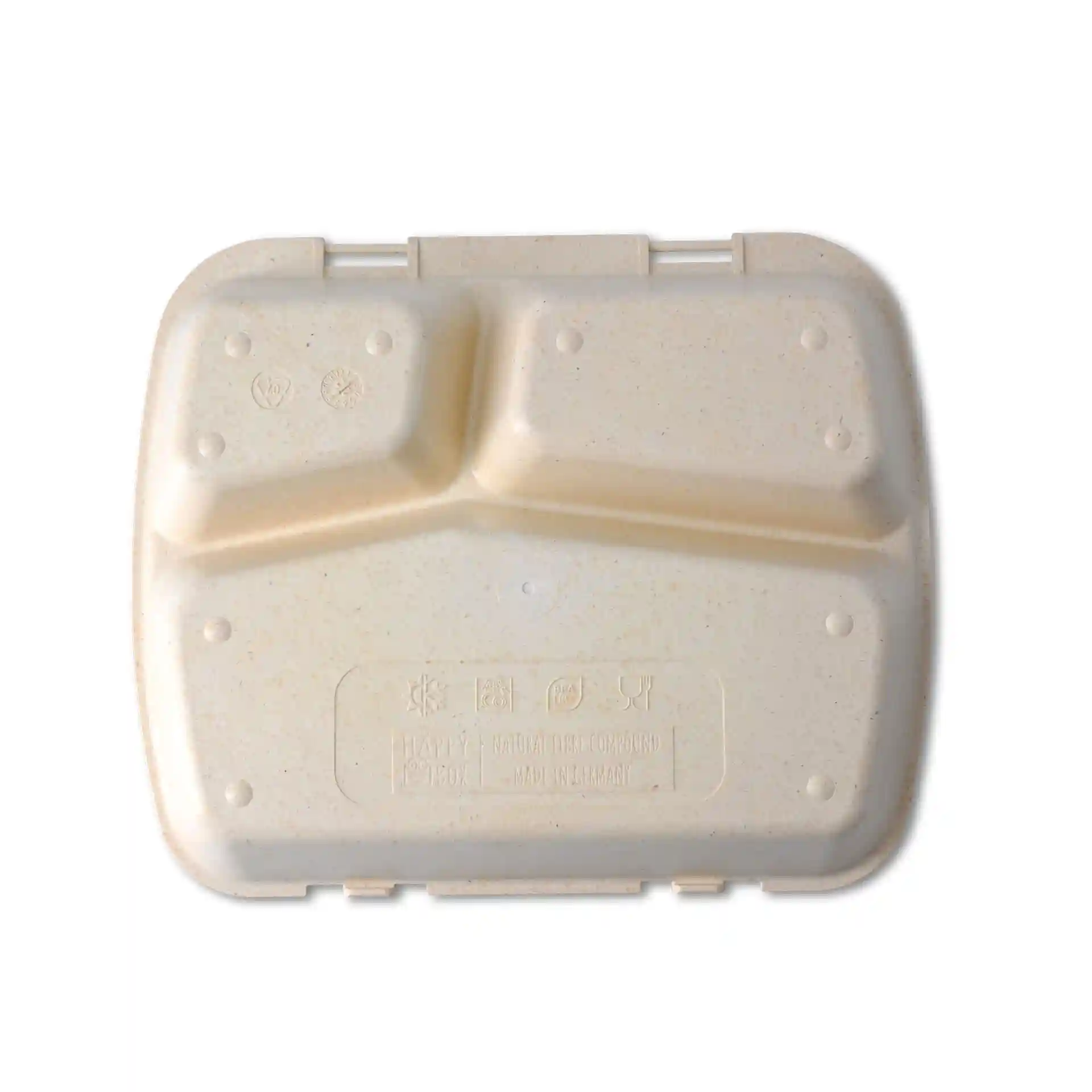 Conteneur de repas réutilisable avec trois compartiments, couleur blanc crème, dimensions 24,5 x 20 x 4,5 cm.