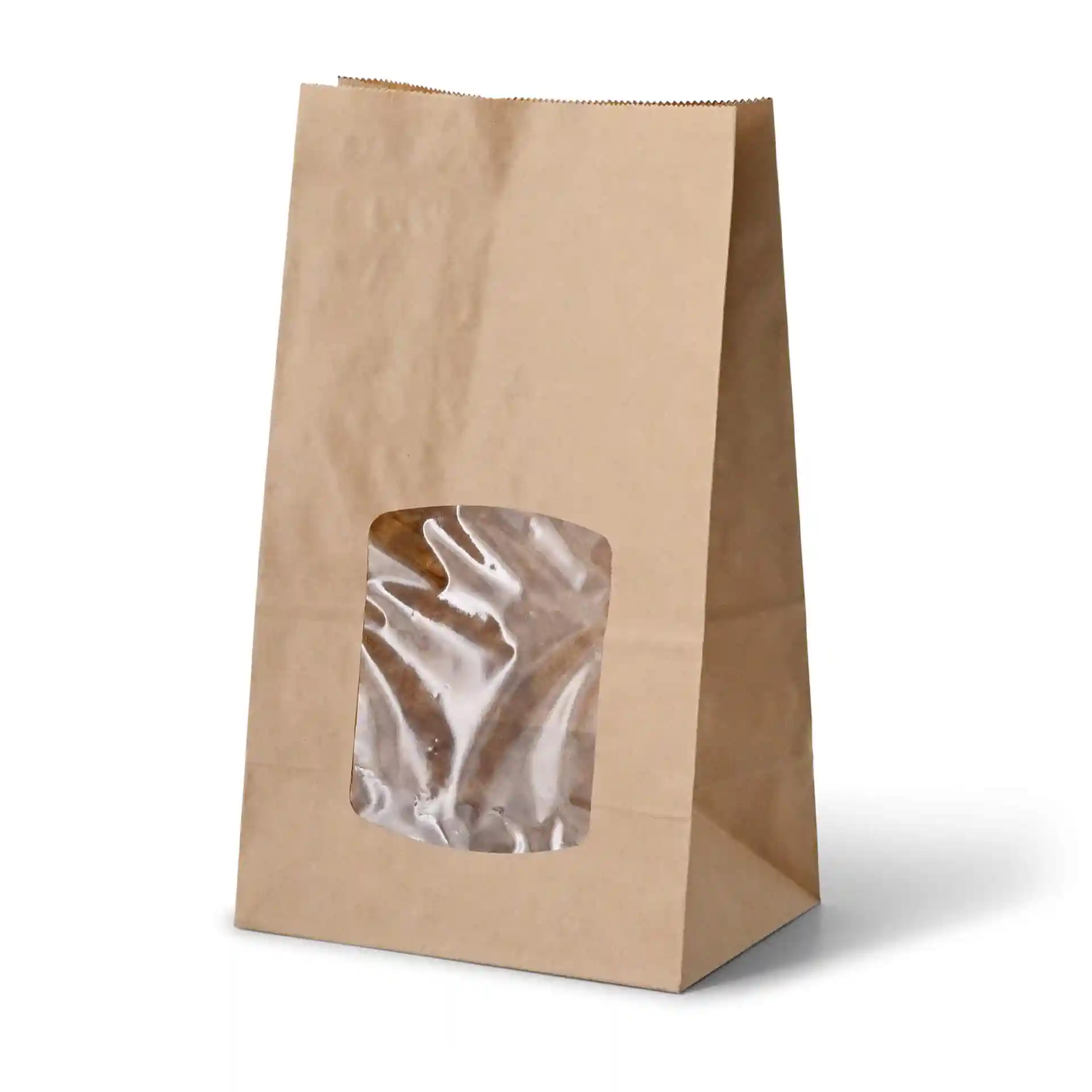 Sac en papier kraft marron avec fenêtre PLA transparente, design à fond plat, dimensions 15 x 10 x 25 cm.