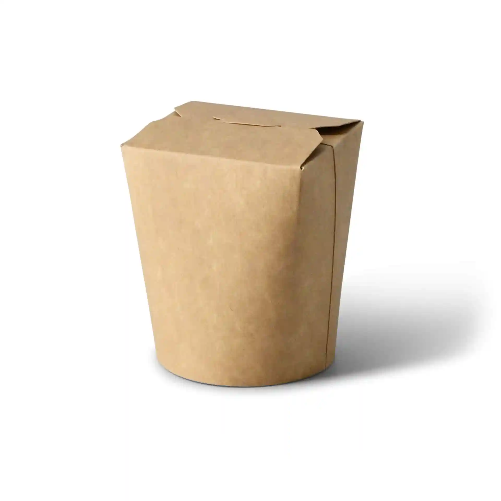 Boîte à nouilles en carton brun de forme ronde, avec fermeture à rabat, d'une capacité de 400 ml.