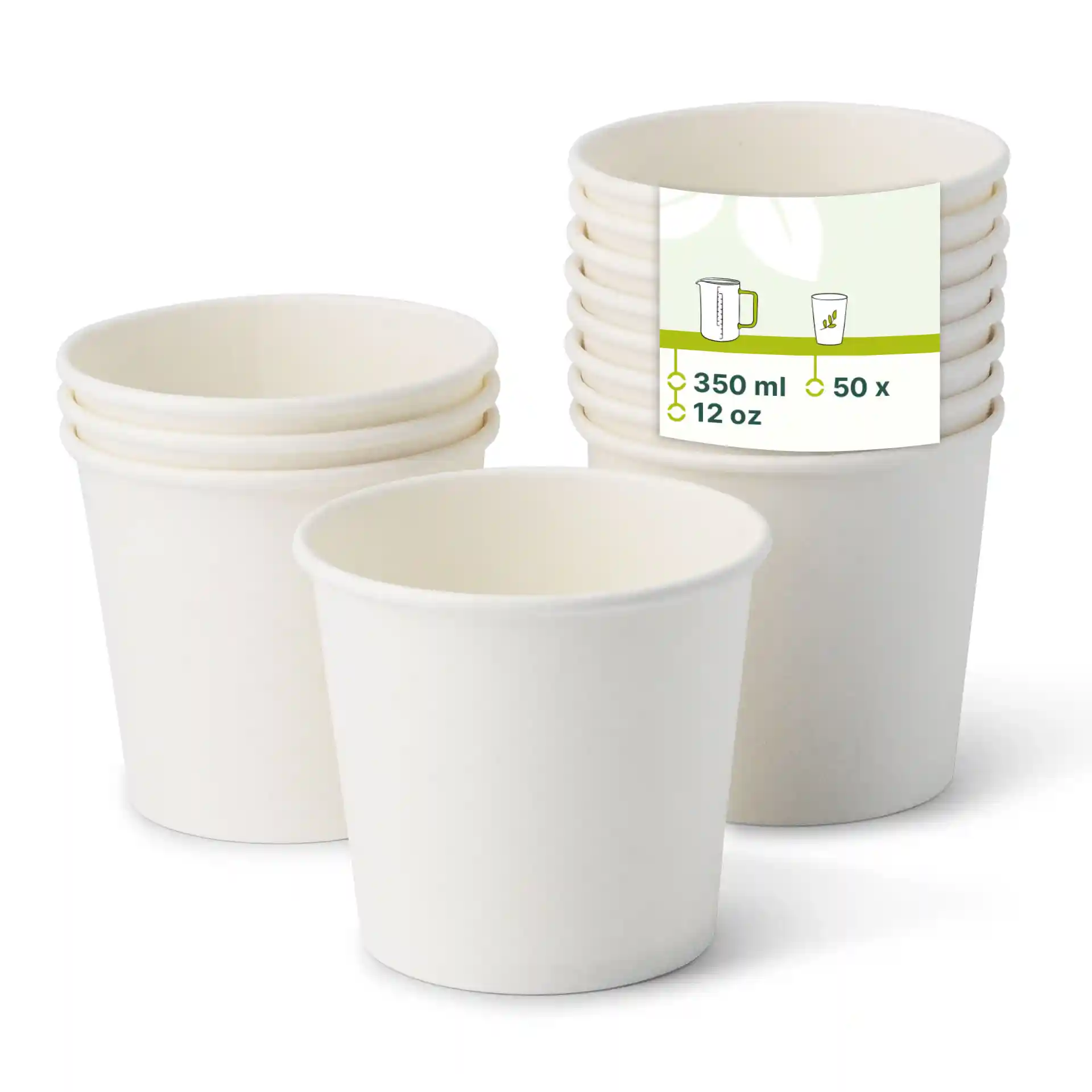 Des pots de crème glacée en carton blanc empilés, avec un pot devant montrant une étiquette avec les détails de capacité.