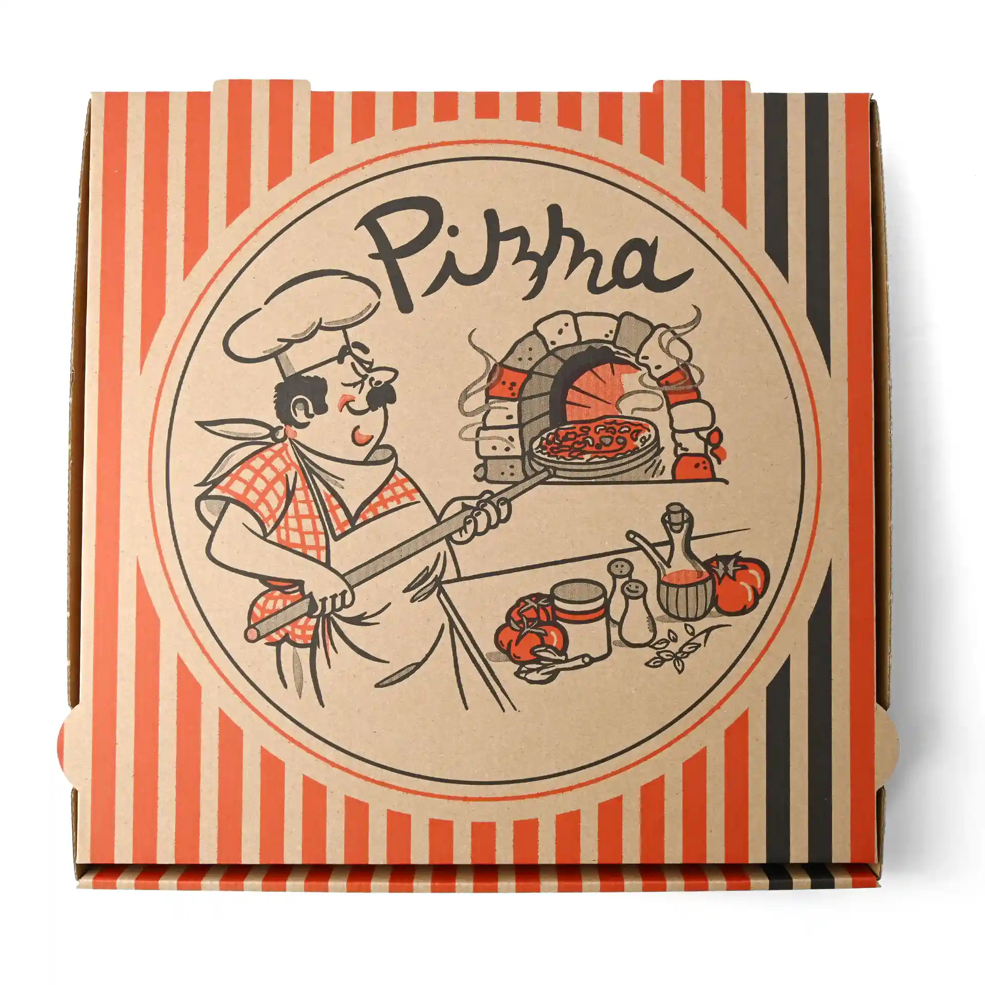 Boîte à pizza avec un design de chef pizzaiolo, couleur marron, dimensions 32 x 32 x 4 cm.