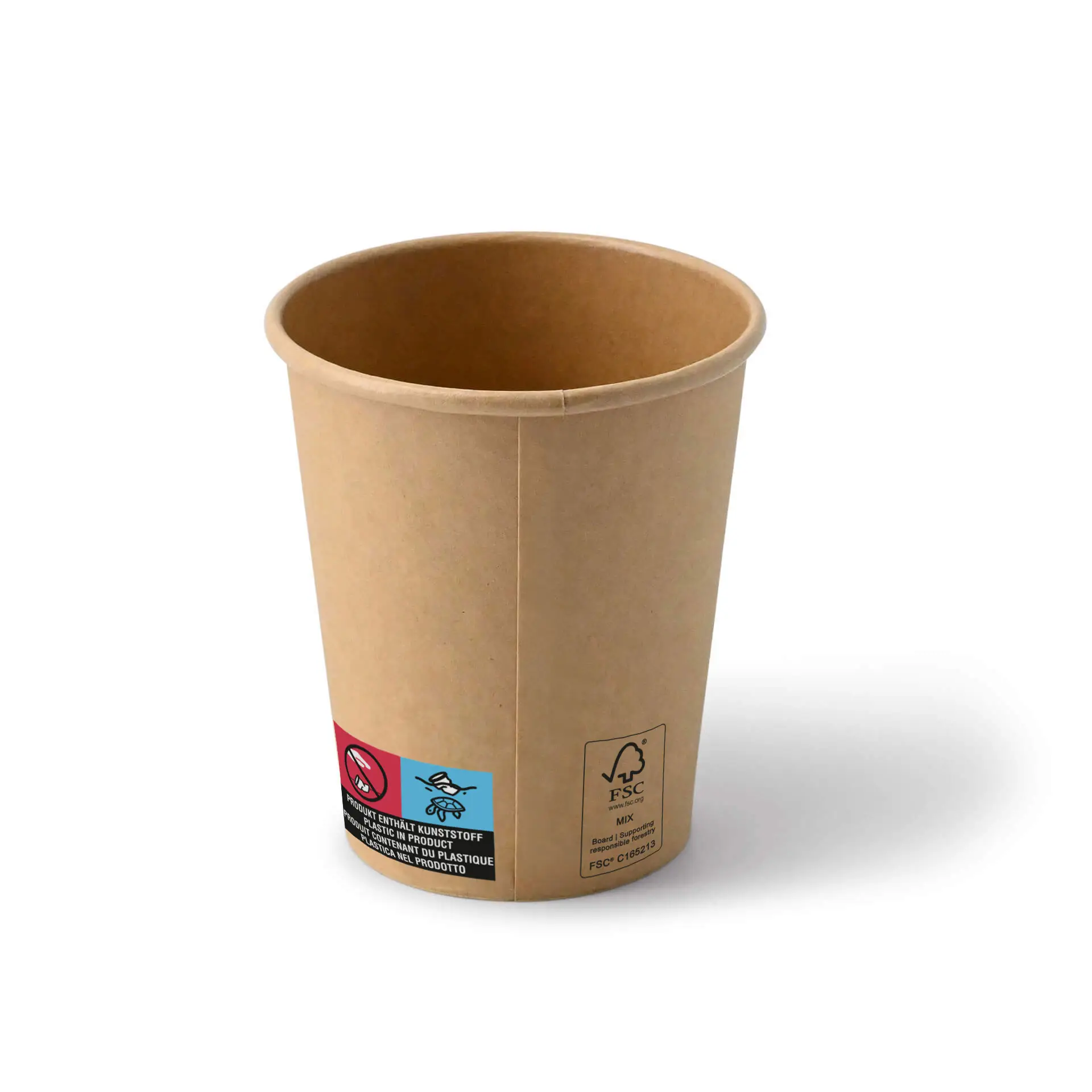 Gobelet en papier brun de 8 oz avec une forme ronde, montrant une étiquette avec des symboles et des marquages sur le côté.