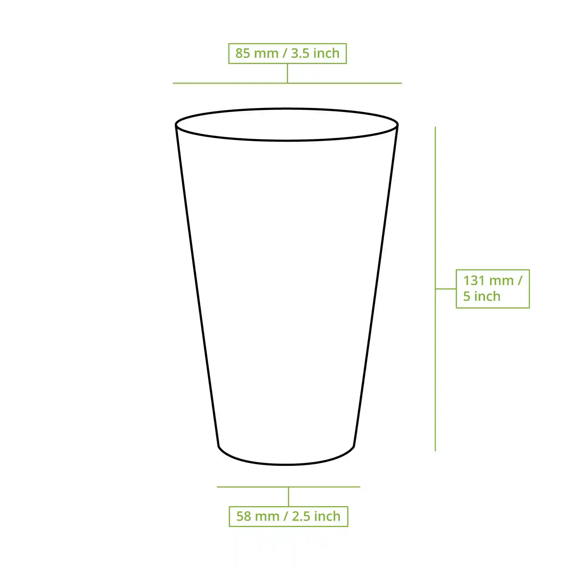 Dessin schématique d'un gobelet réutilisable transparent avec dimensions : hauteur 131 mm, diamètre supérieur 85 mm, diamètre inférieur 58 mm.