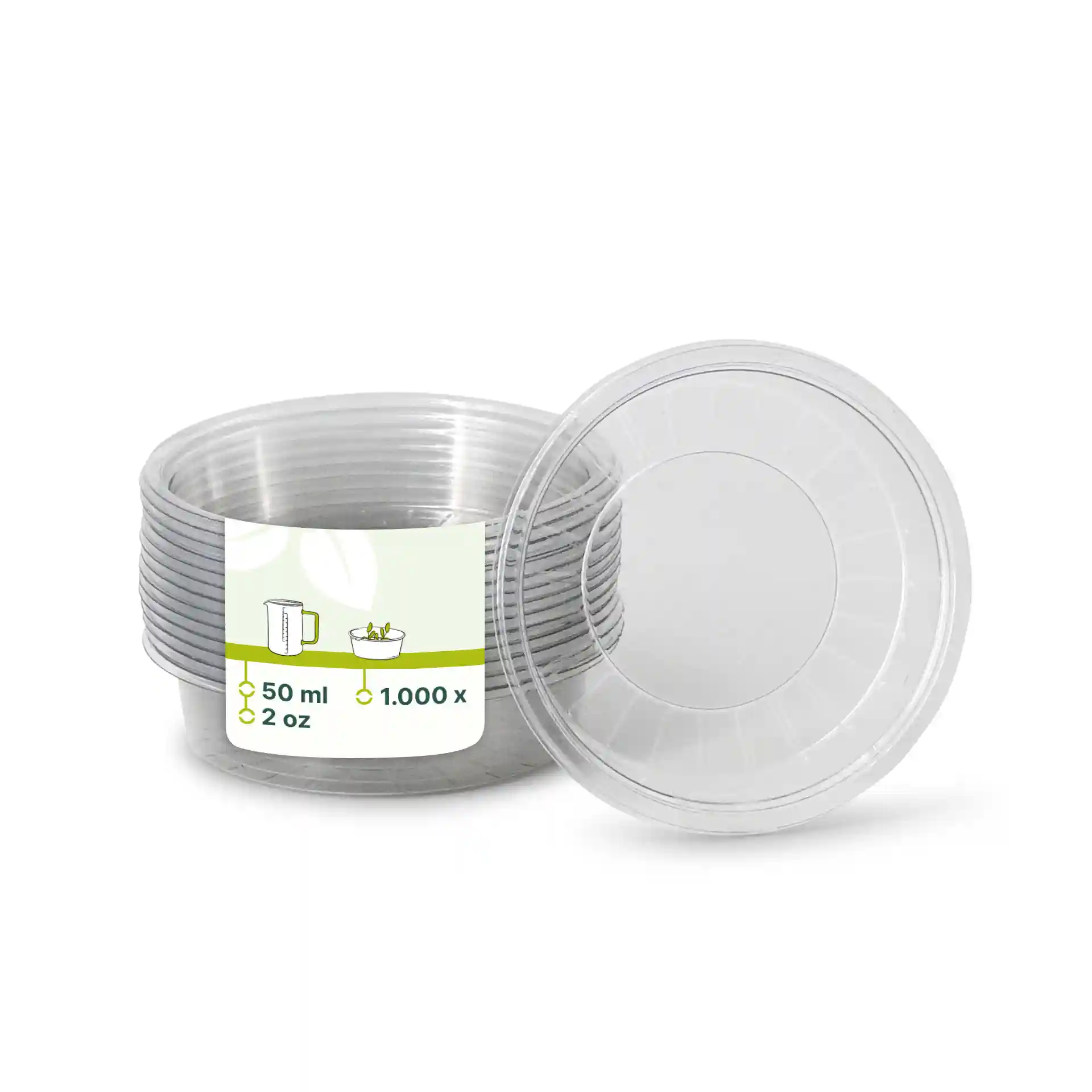 Pots à sauce rPET transparents de 75 mm de diamètre, empilés avec une étiquette indiquant une capacité de 50 ml.