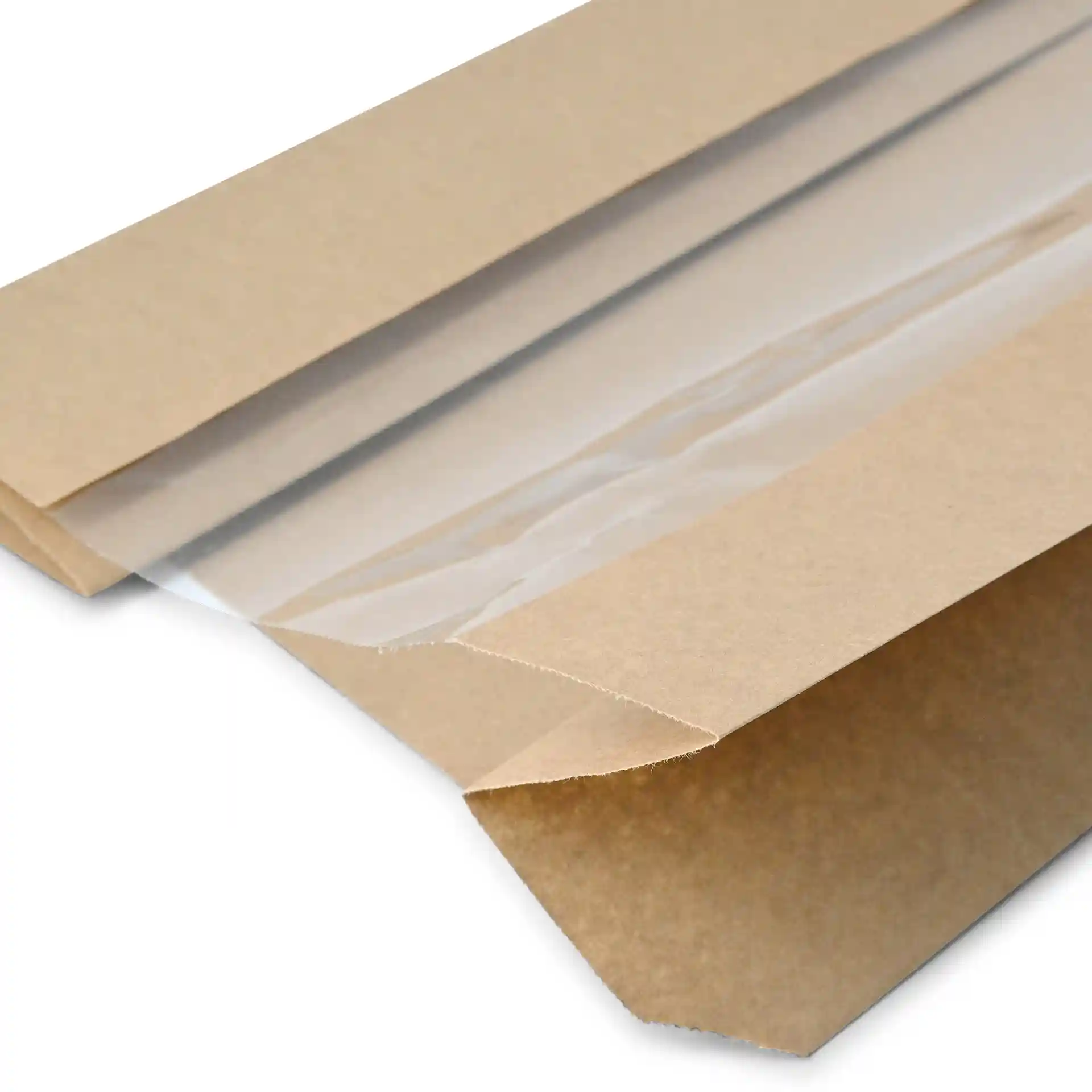 Sac à pain en papier brun plat avec fenêtre transparente, mesurant 20 x 11 x 41 cm.