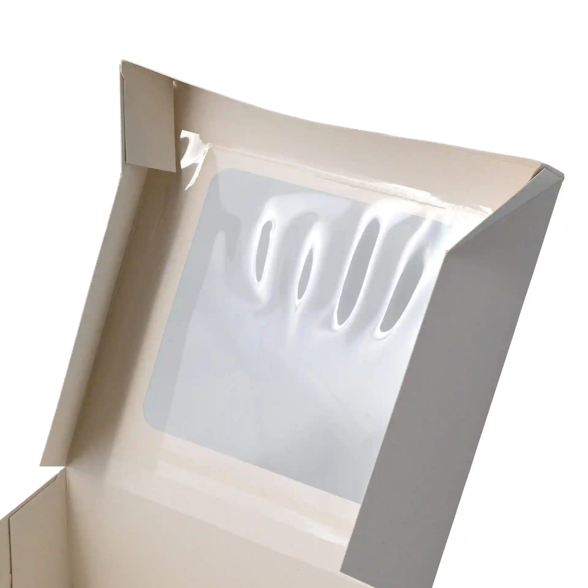 Boîte à pâtisserie en carton blanc avec fenêtre en cellulose, forme carrée, dimensions 18 x 18 x 7,5 cm.