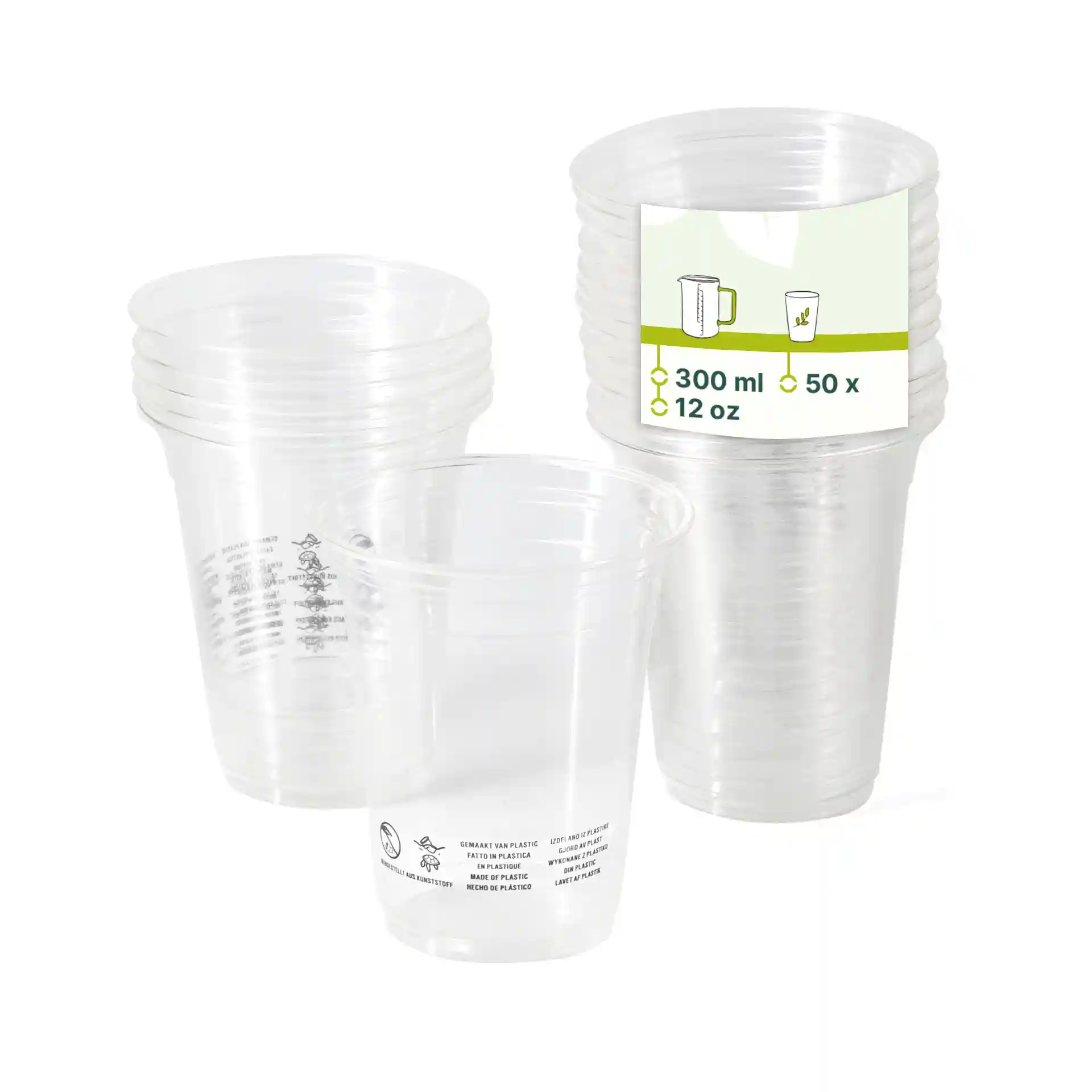 Gobelets en plastique PLA transparents empilés, chacun d'une capacité de 300 ml, avec des étiquettes sur le côté.