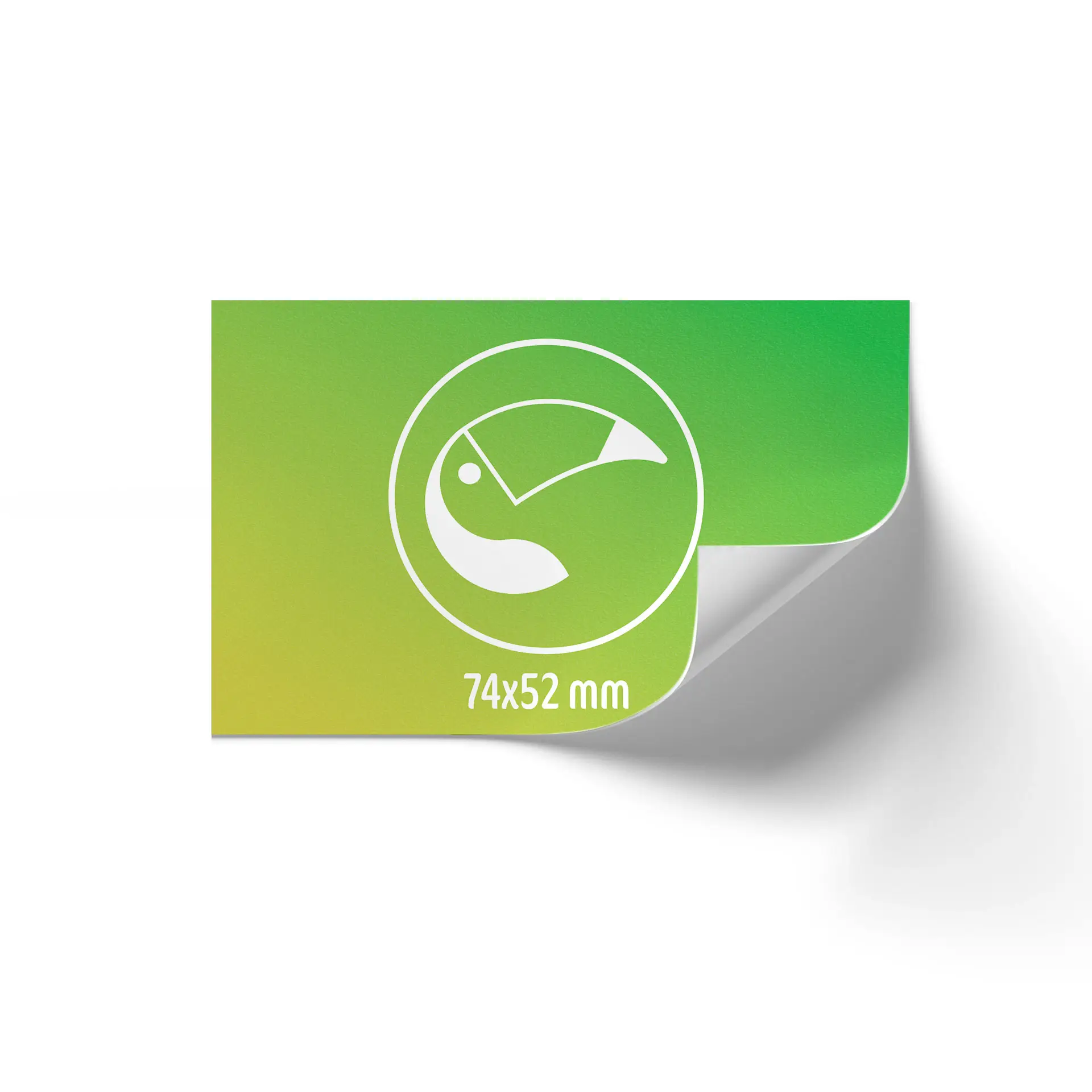 Rouleau d'étiquettes imprimées personnalisées en dégradé vert avec coins arrondis, montrant les dimensions 74x52 mm et le design graphique.