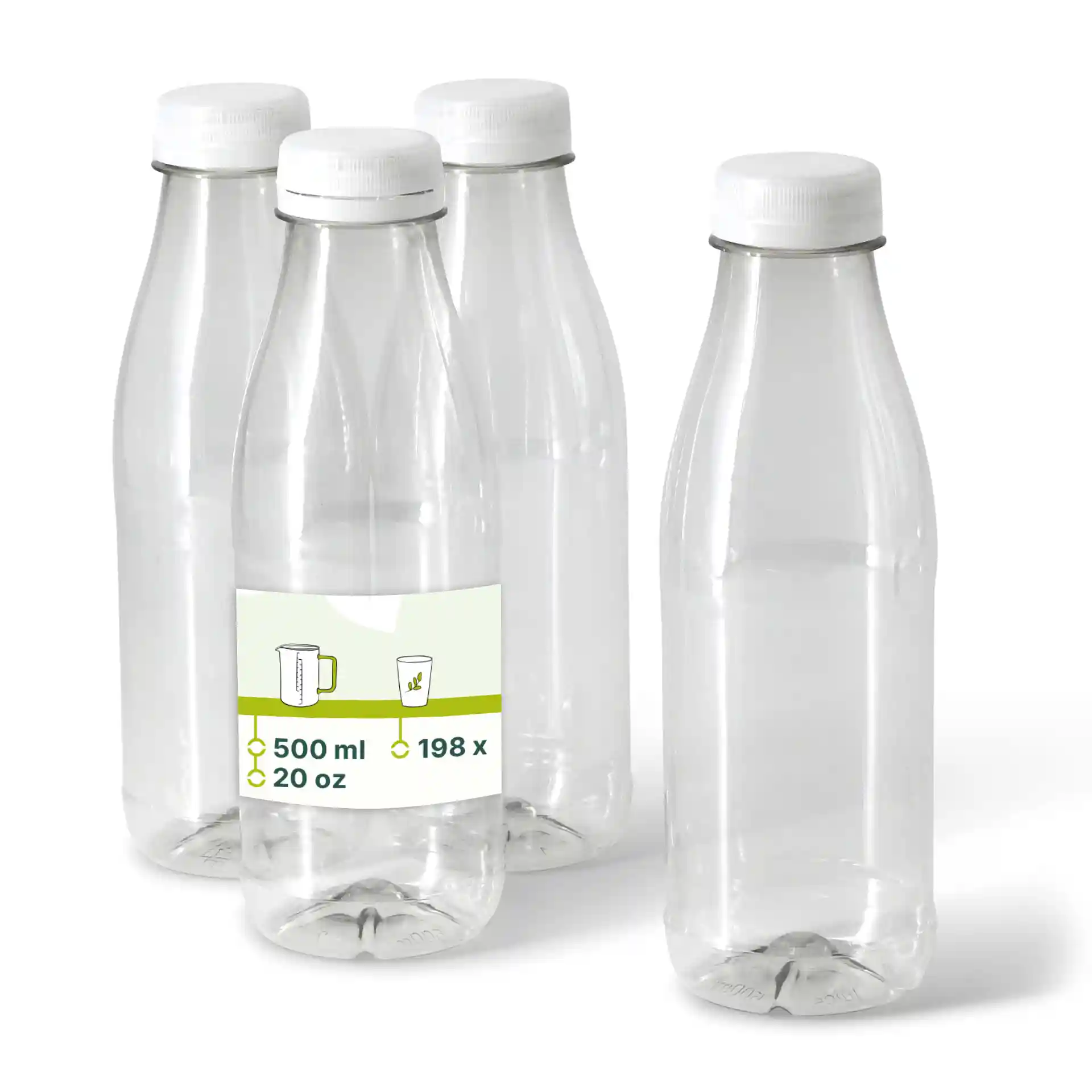 Quatre bouteilles rPET transparentes avec des couvercles blancs, chacune contenant 500 ml, sur un fond uni.