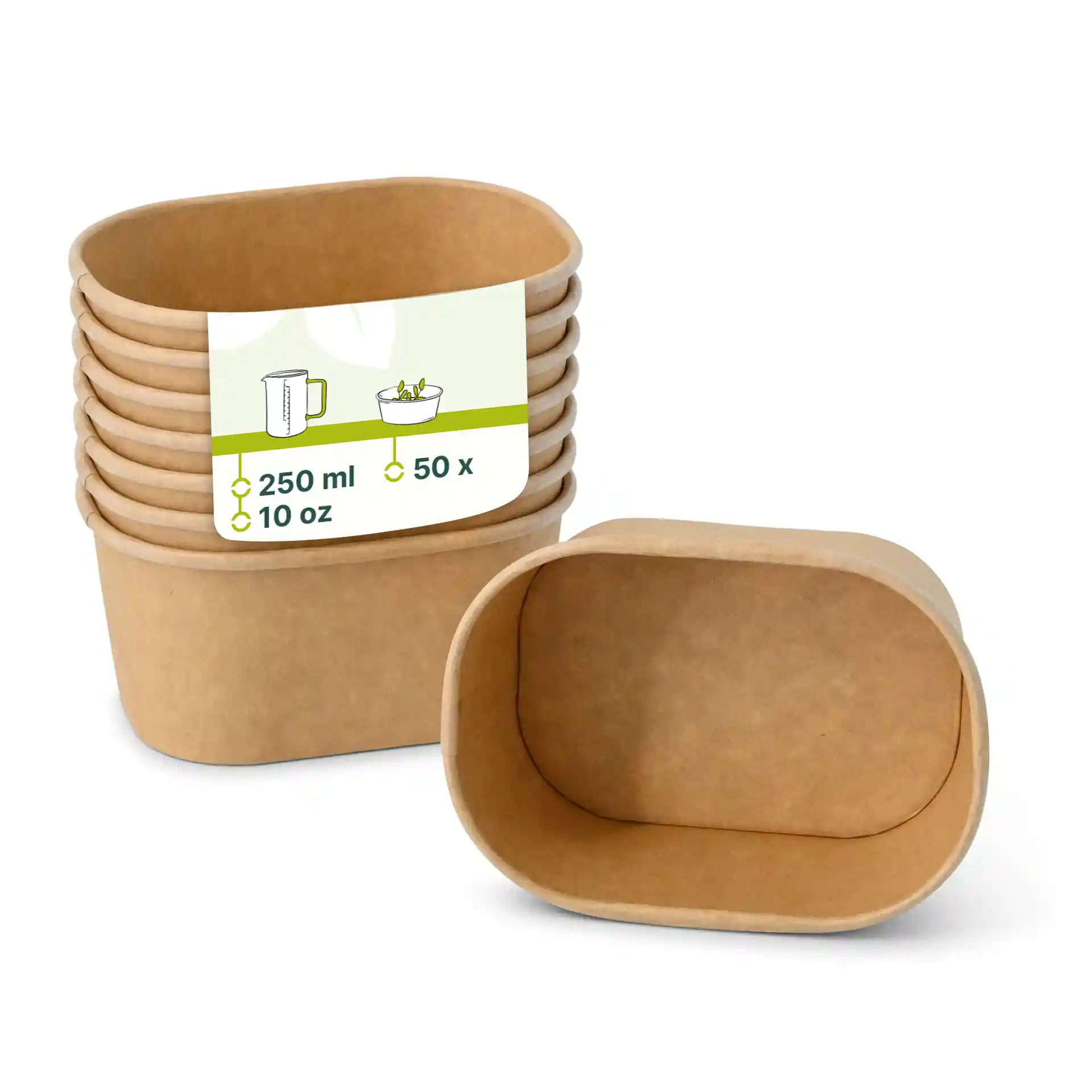 Contenants alimentaires en kraft rectangulaires empilés, avec un contenant devant, montrant une étiquette avec des détails de volume et de quantité.