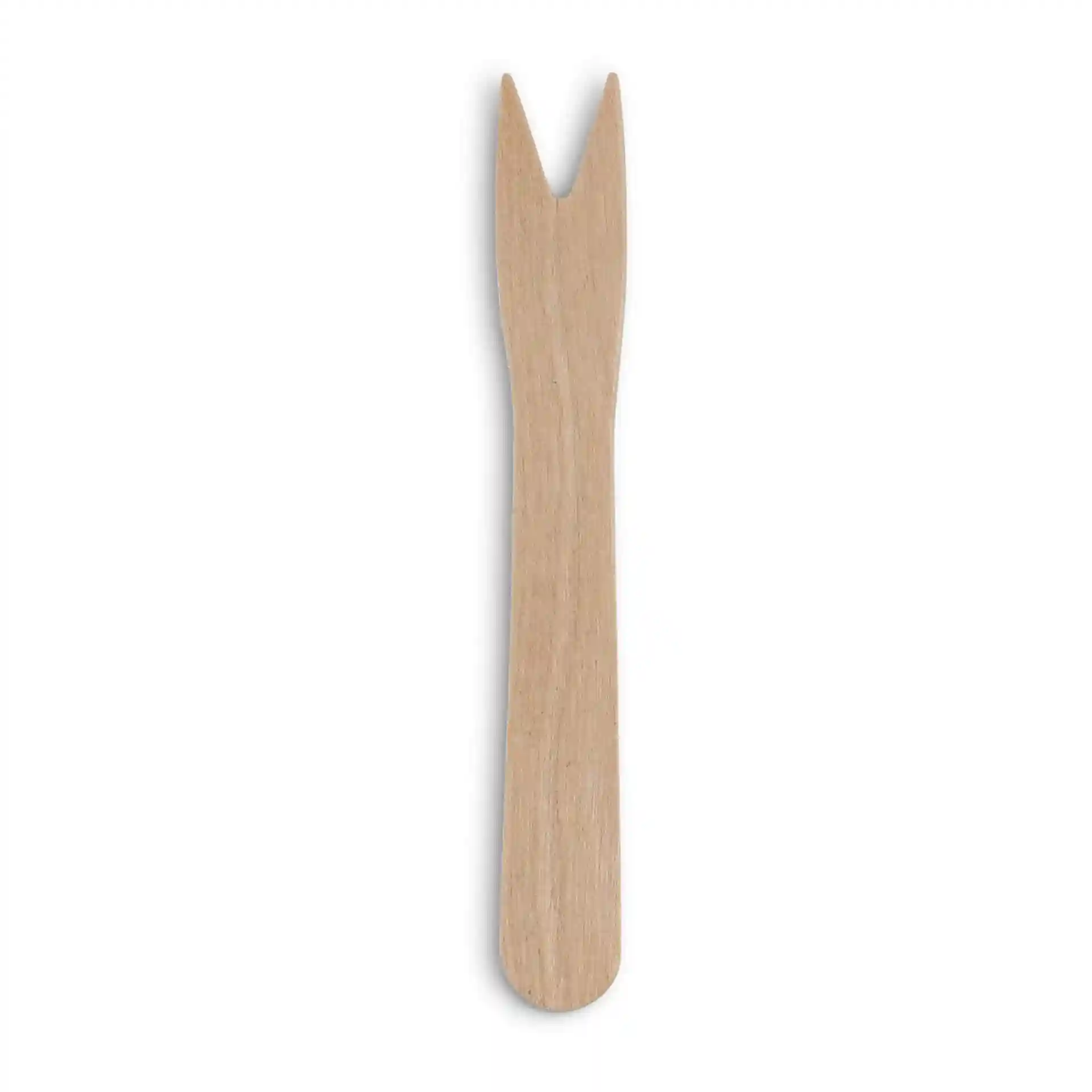 Fourchette en bois, 8,5 cm de long, avec une extrémité fourchue et une surface en bois brun lisse.