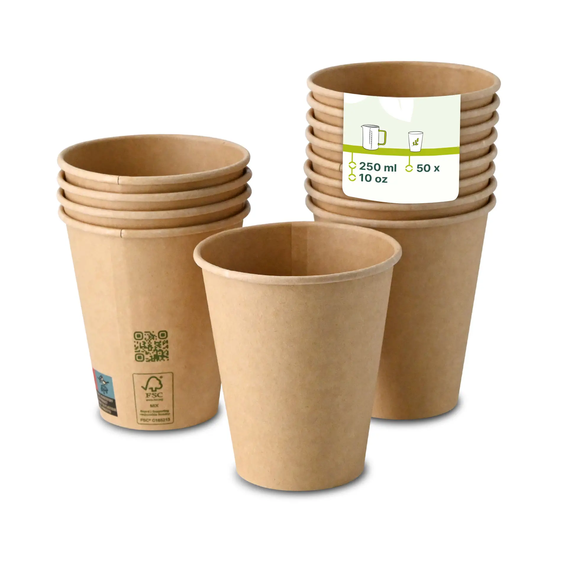 Un gobelet en papier brun à paroi simple, capacité de 250 ml, avec un revêtement en PLA ; plusieurs gobelets similaires empilés derrière.