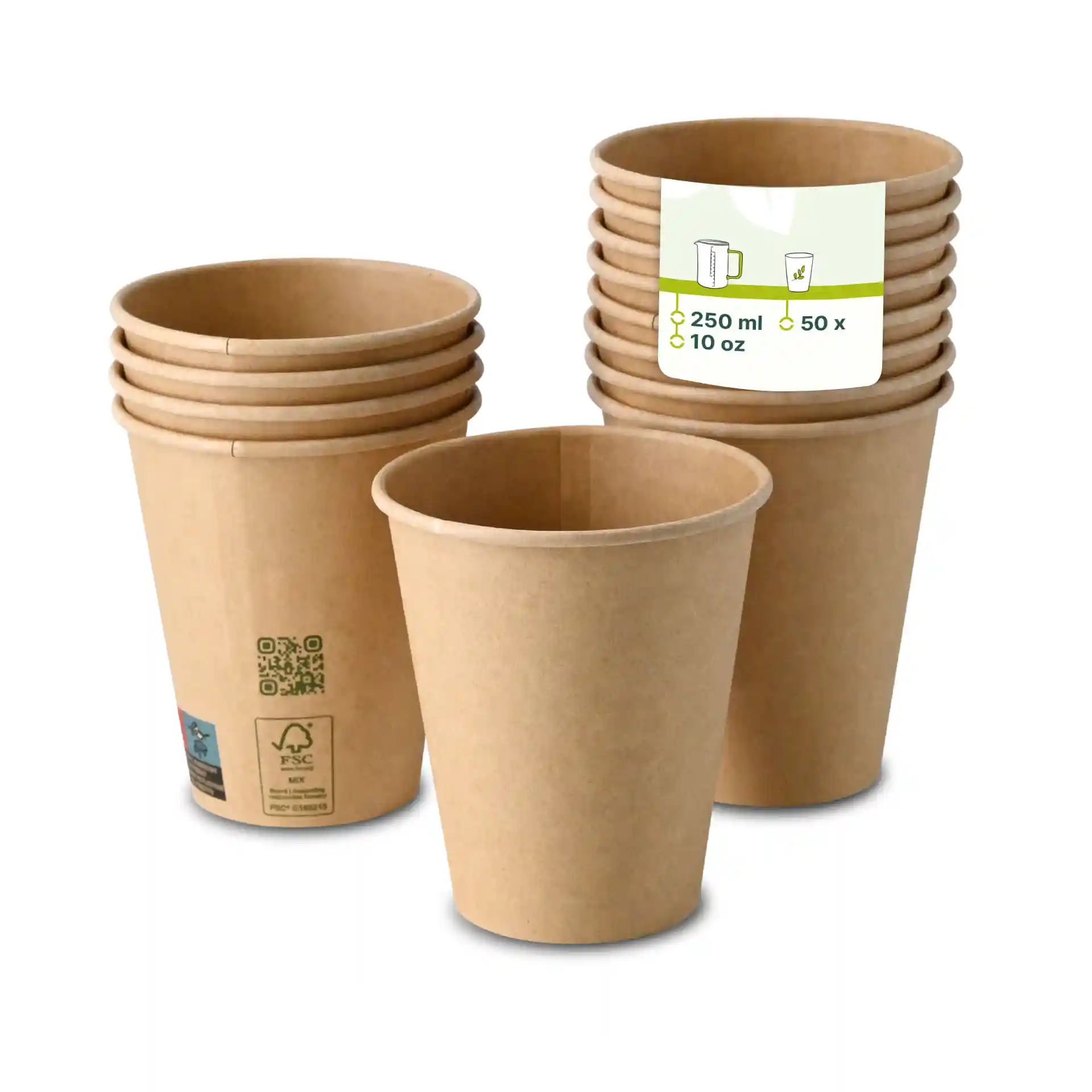 Gobelets en papier marron d'un diamètre de 90 mm et d'une hauteur de 100 mm, empilés avec une étiquette indiquant les détails.