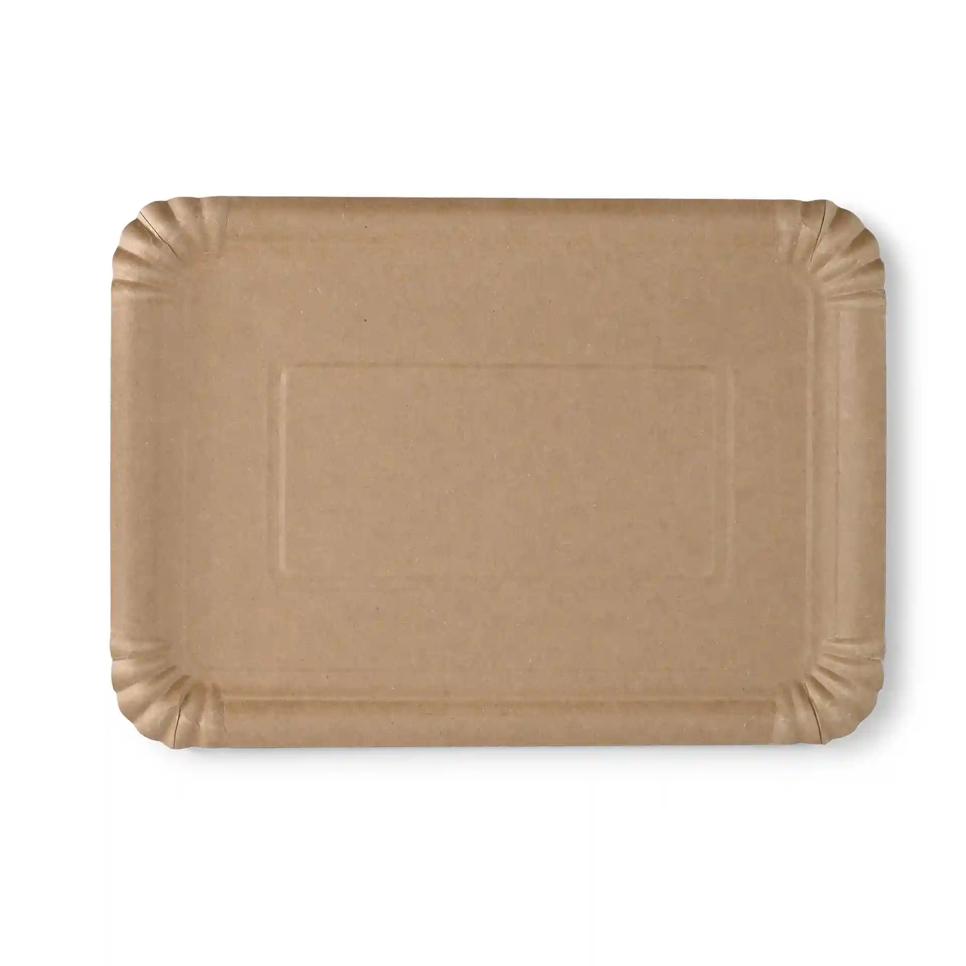 Assiette en carton rectangulaire marron, mesurant 18 x 26 cm, avec un design peu profond et sans revêtement.