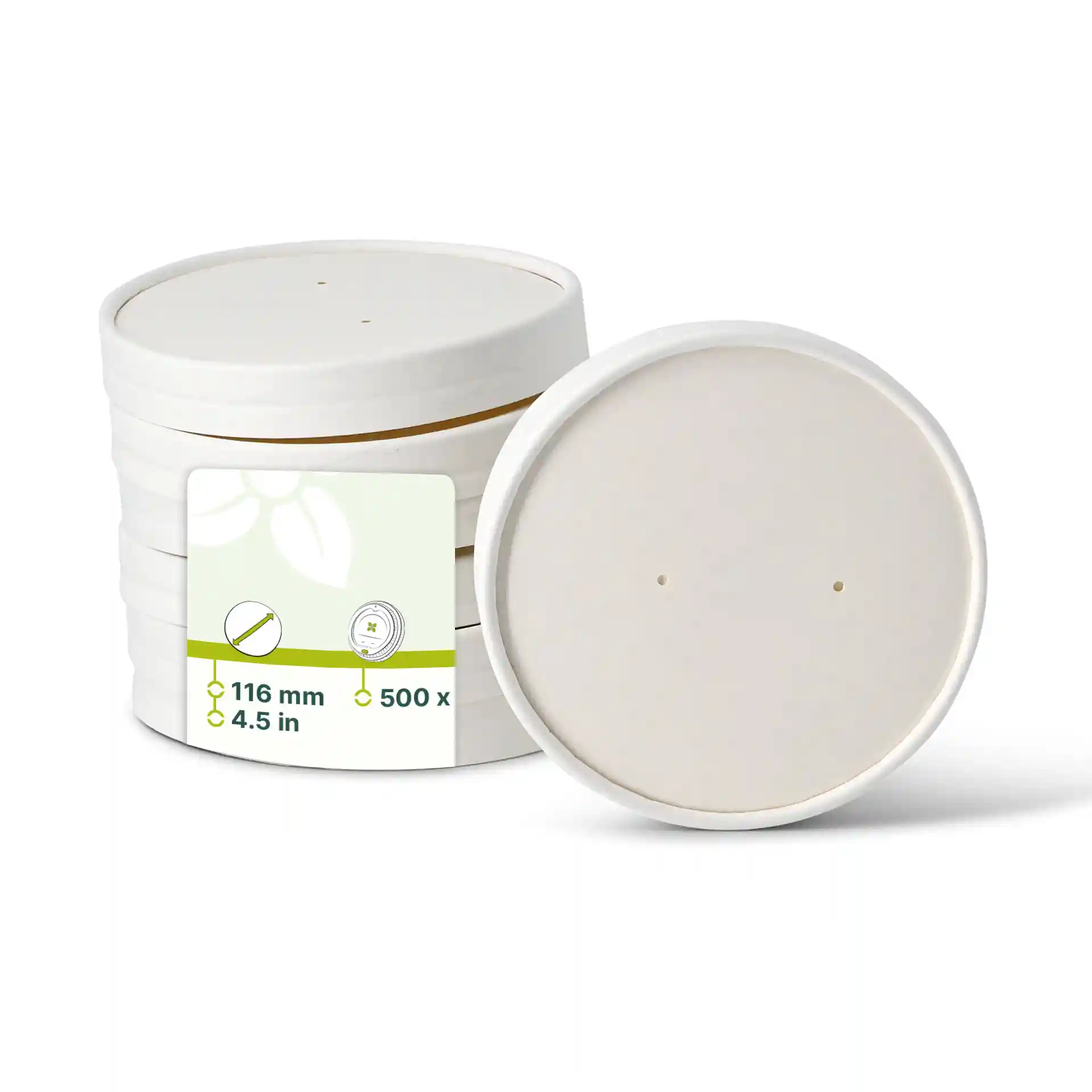 Couvercles ronds en carton blanc avec un diamètre de 116 mm, empilés avec un couvercle légèrement incliné.