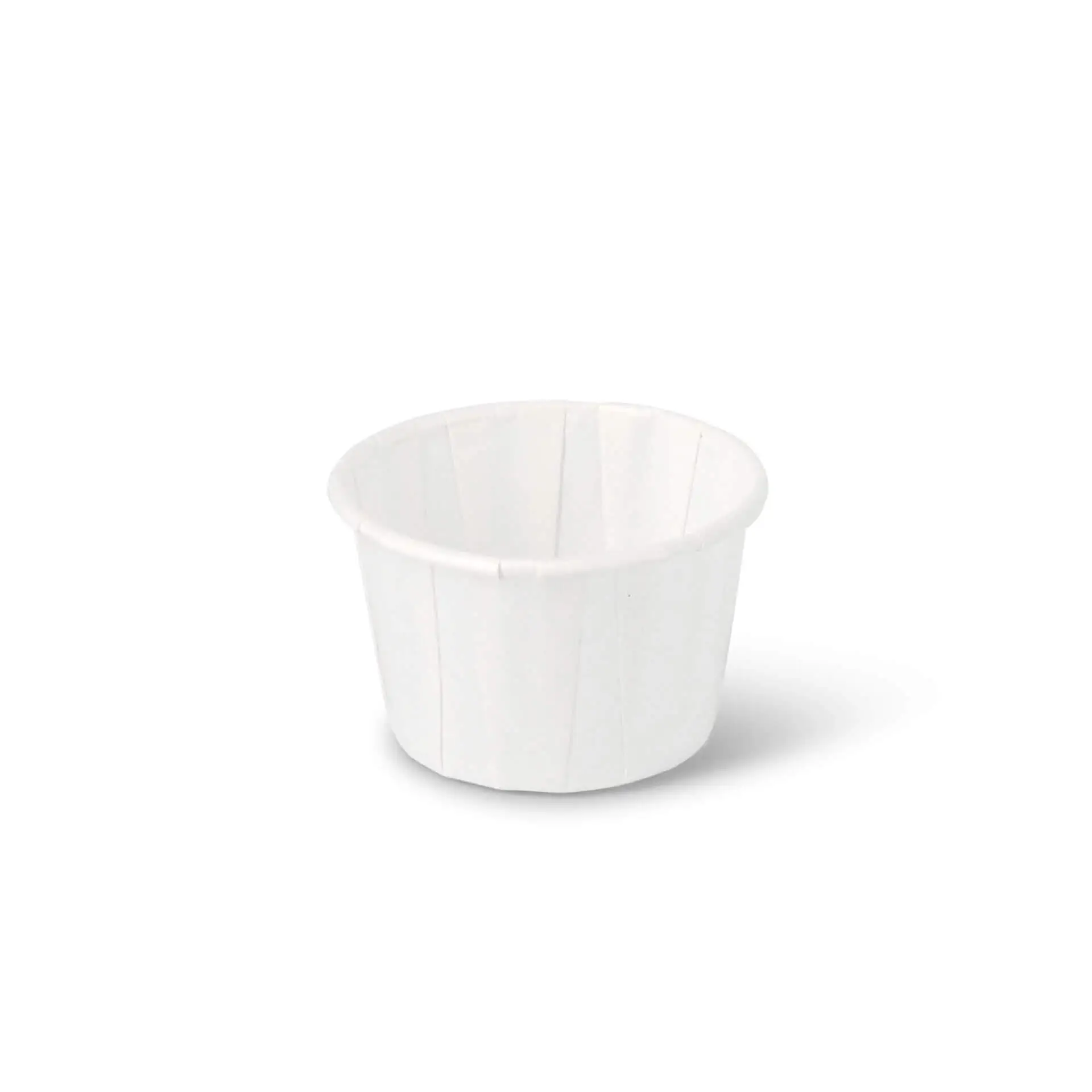 Gobelet blanc de forme ronde avec des rainures verticales, idéal pour les dips et les petites portions, 45 ml de volume.