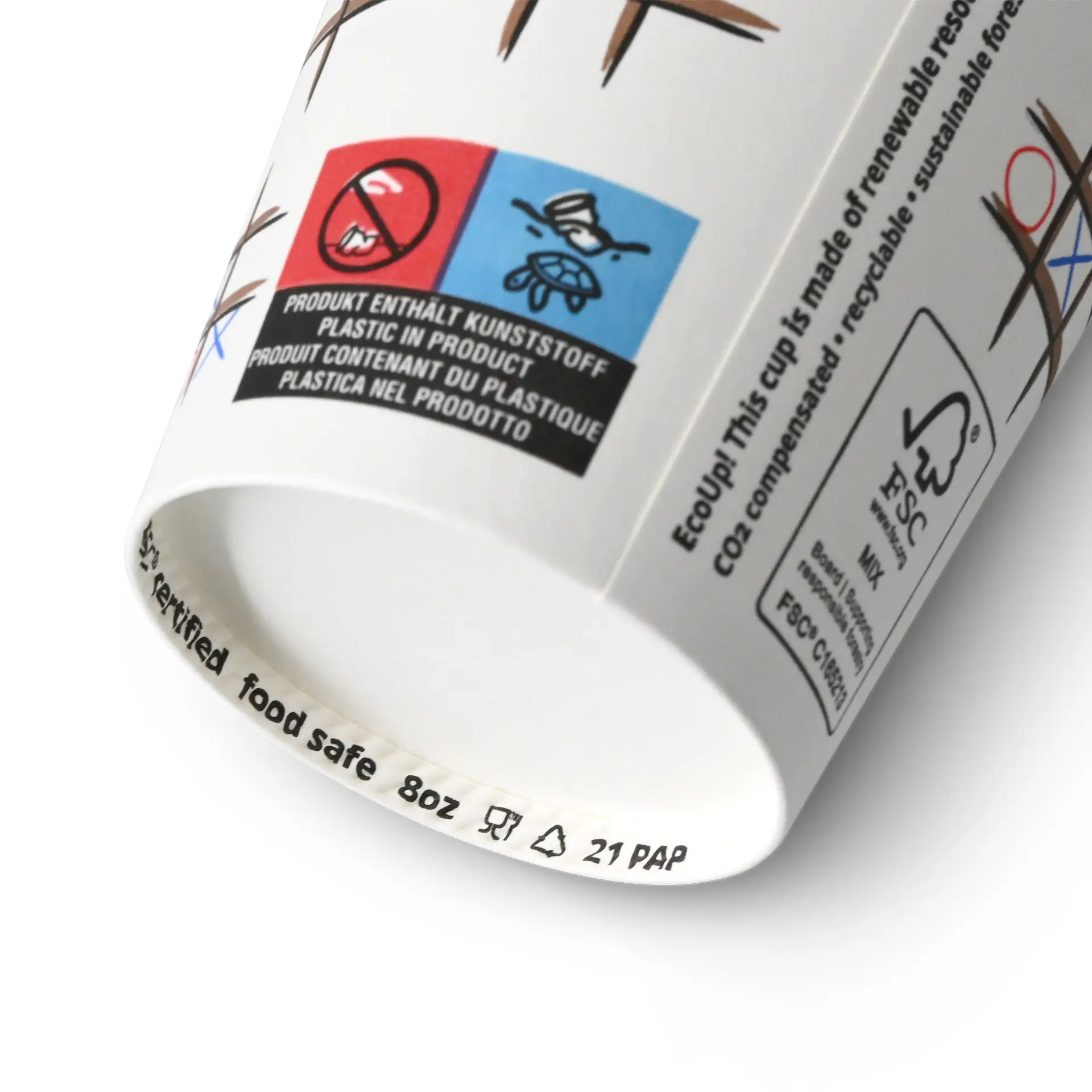 Gobelet en carton imprimé "Tic Tac Toe" (revêtu) 200 ml / 8 oz, Ø 80 mm, blanc
