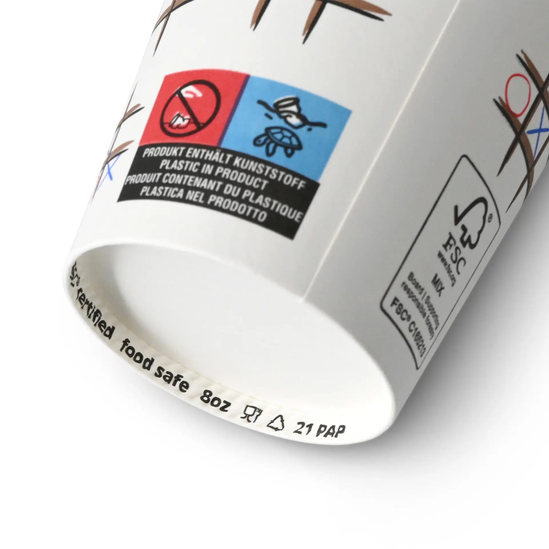 Gobelet en papier rond avec design imprimé de Tic Tac Toe, capacité de 8 oz, en carton, montrant divers symboles et étiquettes.