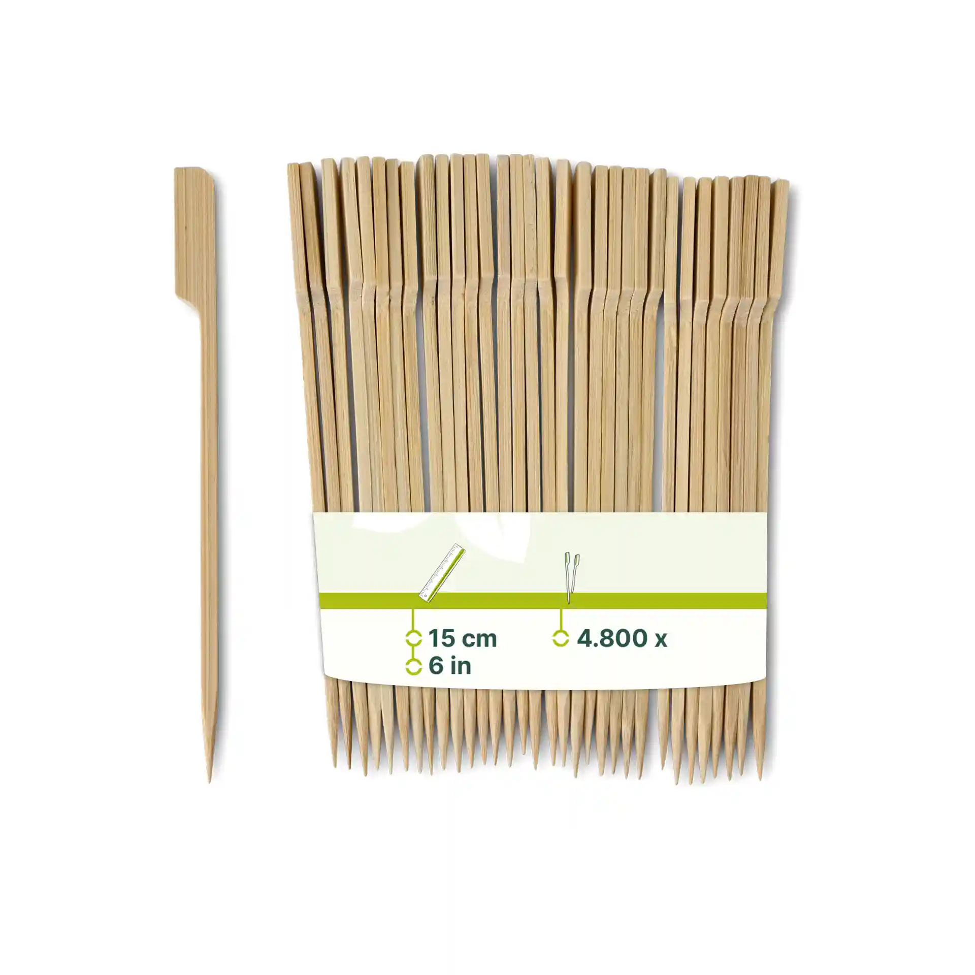 Brochettes en bambou, 15 cm de long, de couleur marron, présentées en paquet avec une étiquette.